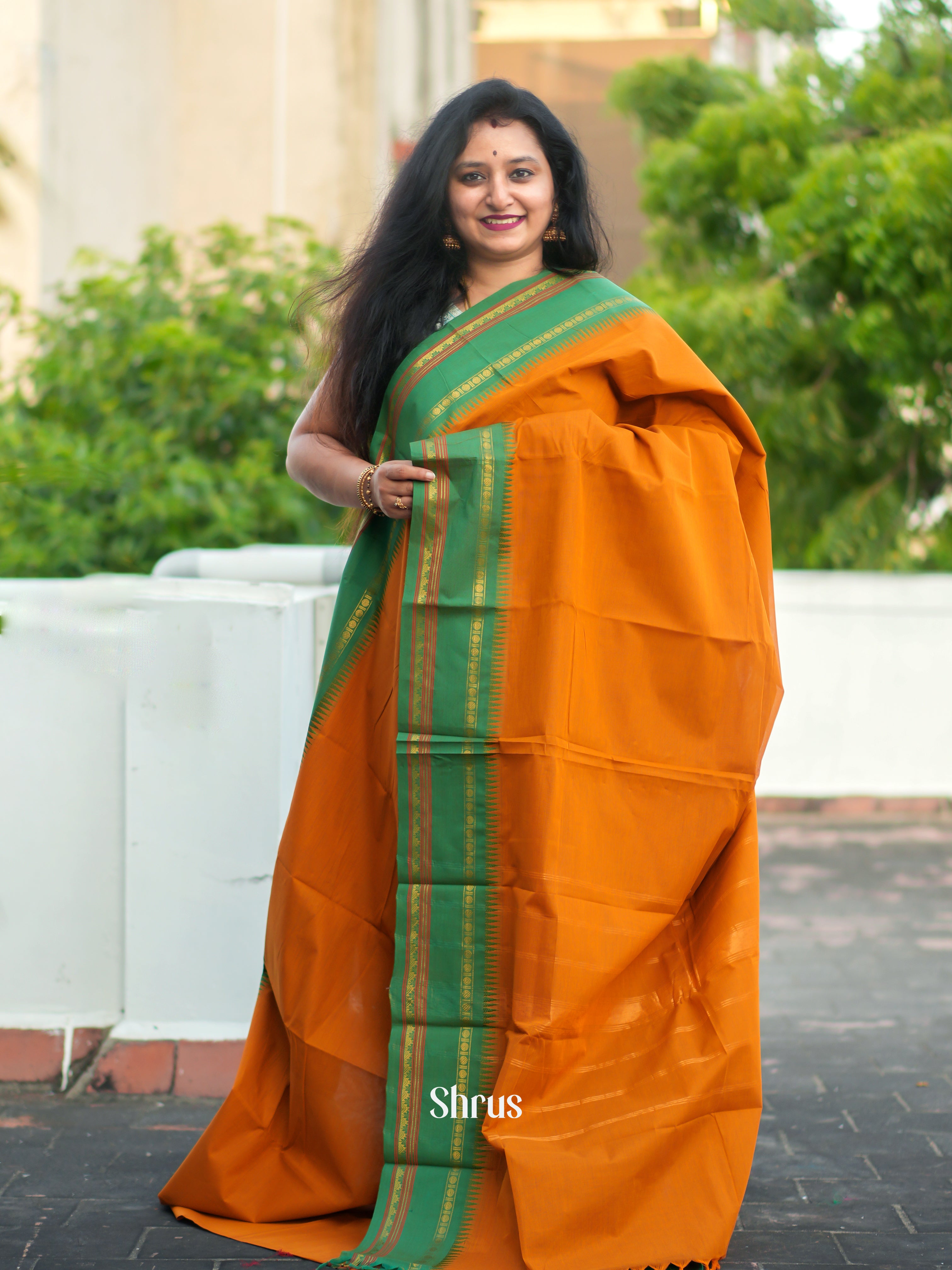Orange & Green - Chettinad Cotton Saree - Shop on ShrusEternity.com