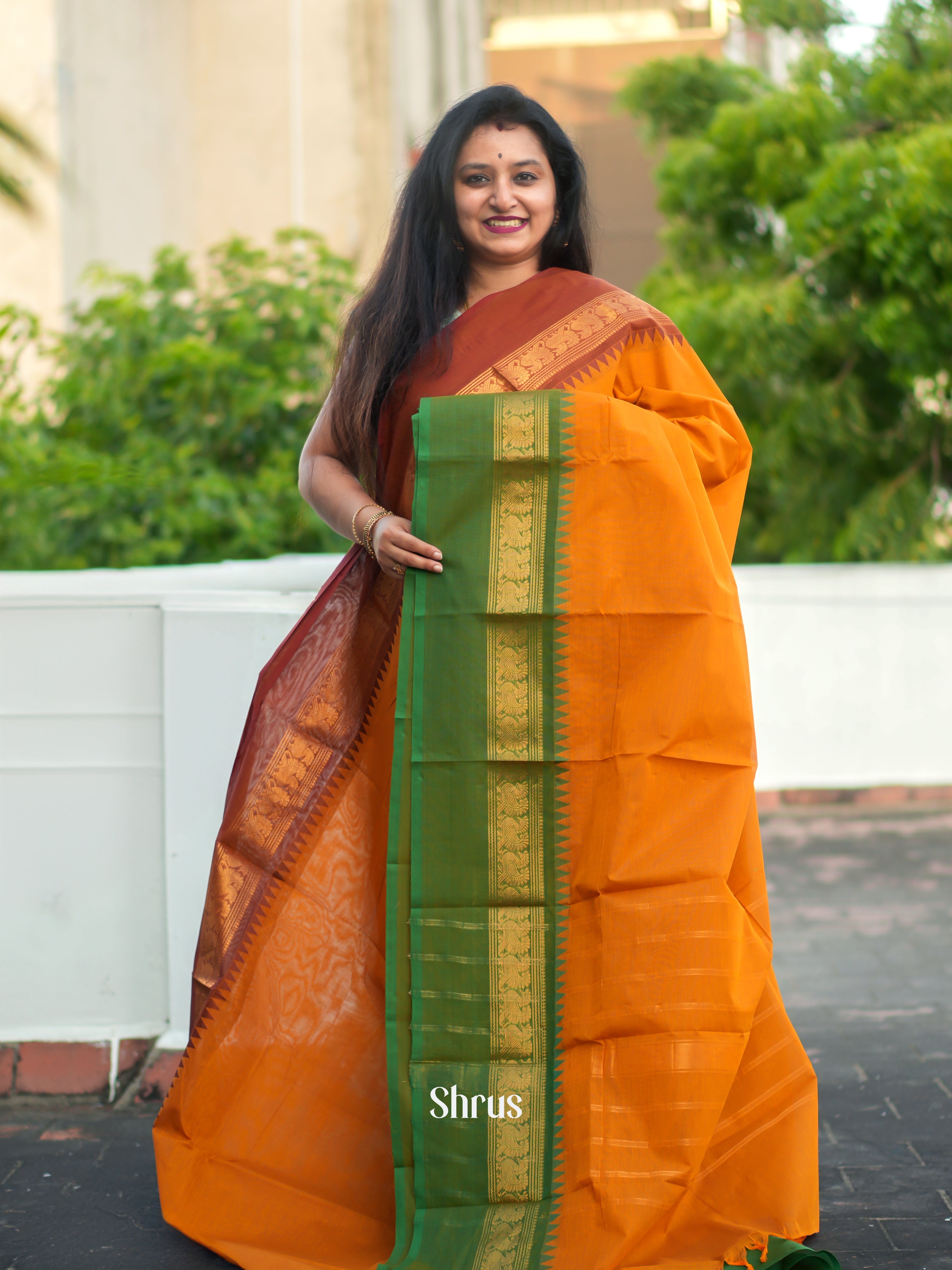 Orange & Green - Chettinad Cotton Saree - Shop on ShrusEternity.com