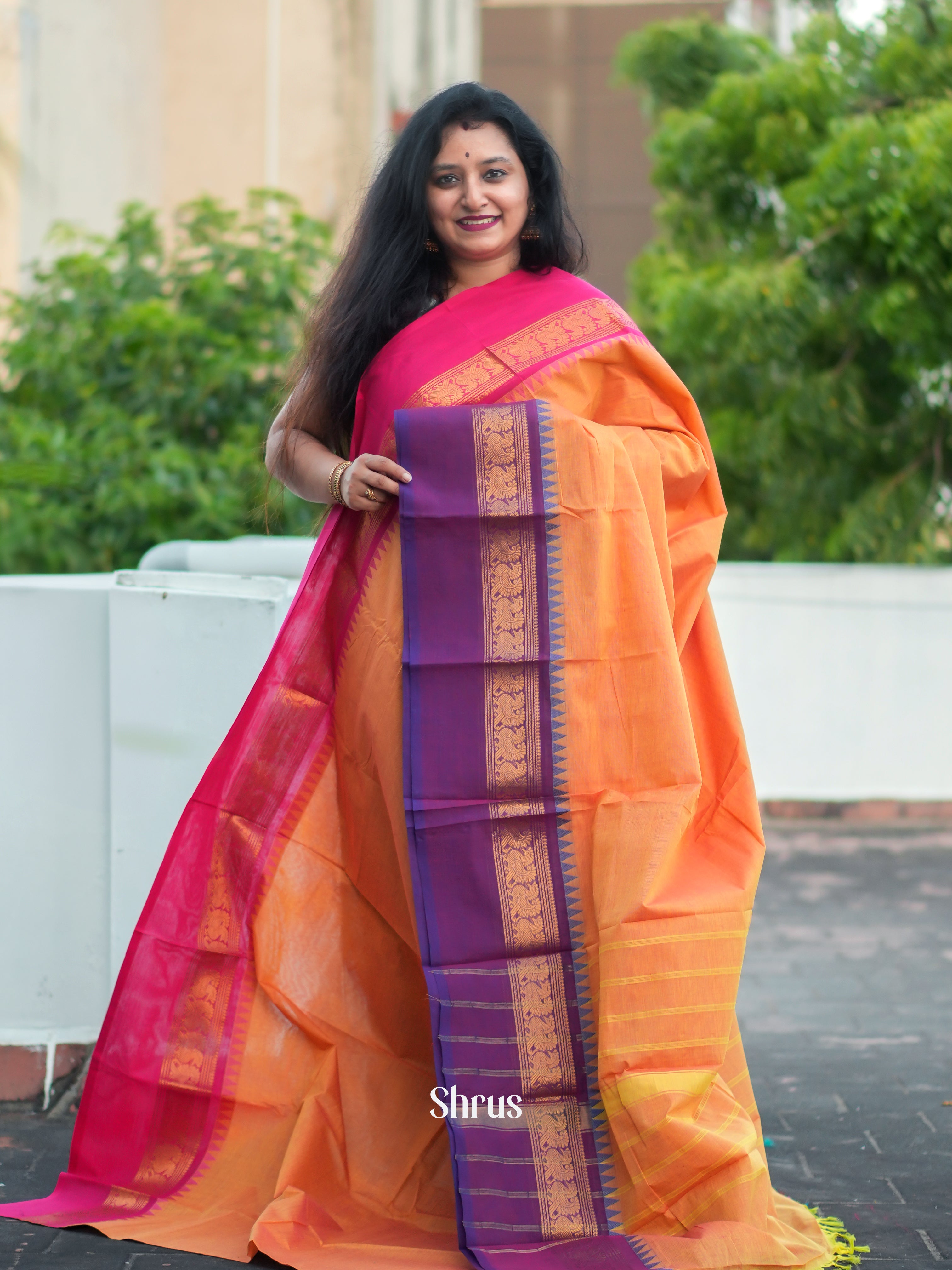 Orange & Violet - Chettinad Cotton Saree - Shop on ShrusEternity.com