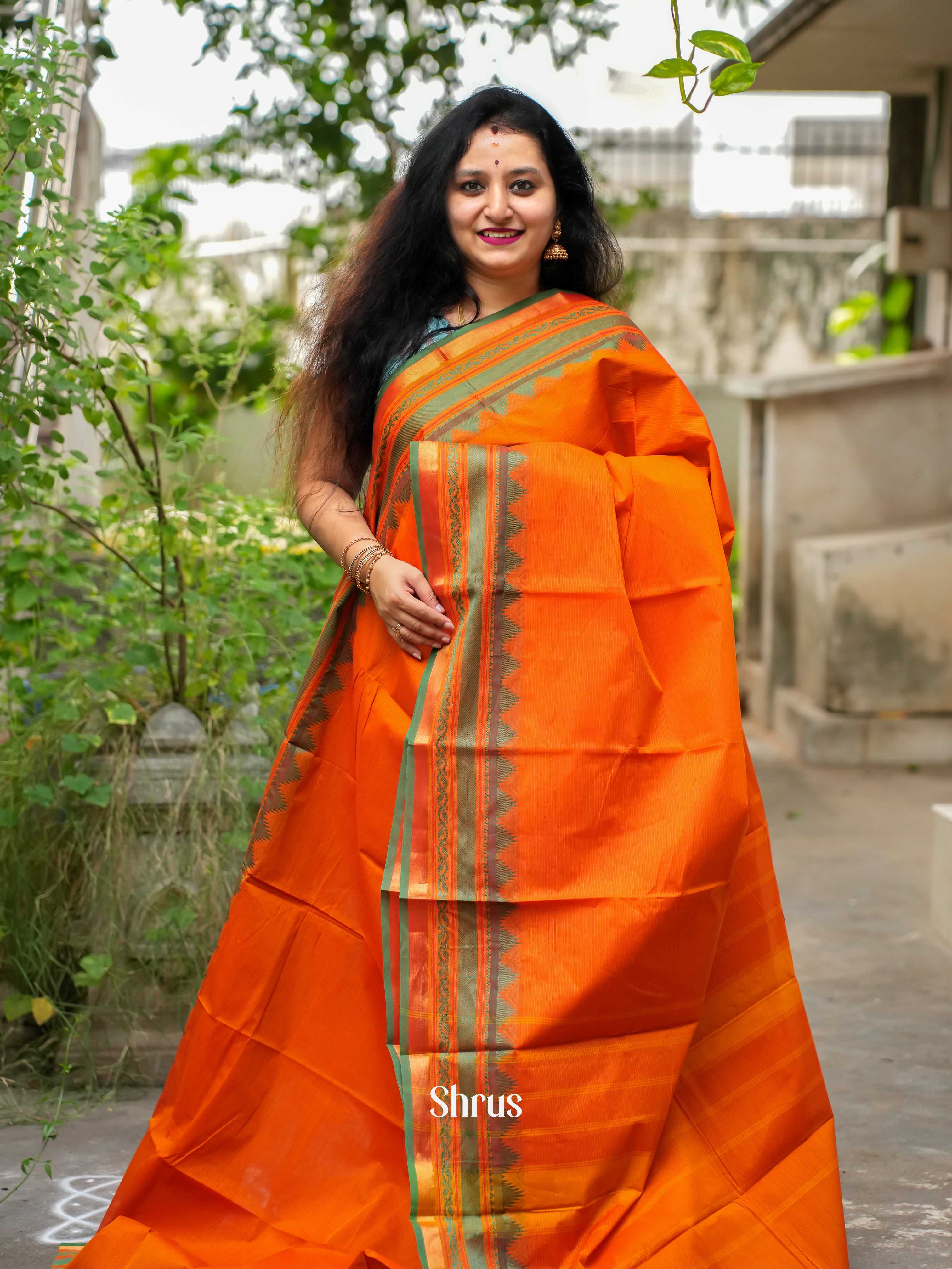 Orange & Green - Chettinad Cotton Saree - Shop on ShrusEternity.com