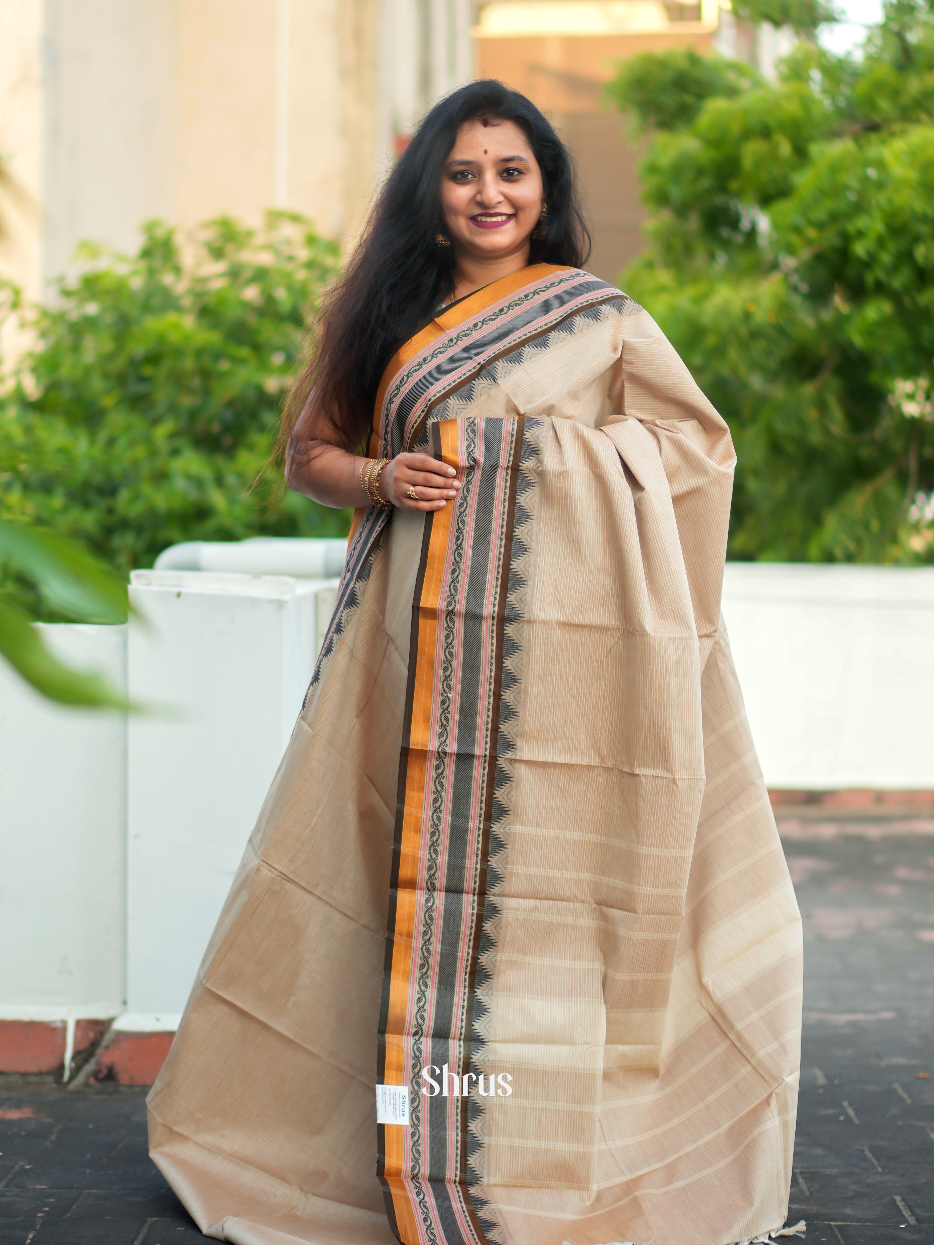 Beige & Brown - Chettinad Cotton Saree - Shop on ShrusEternity.com
