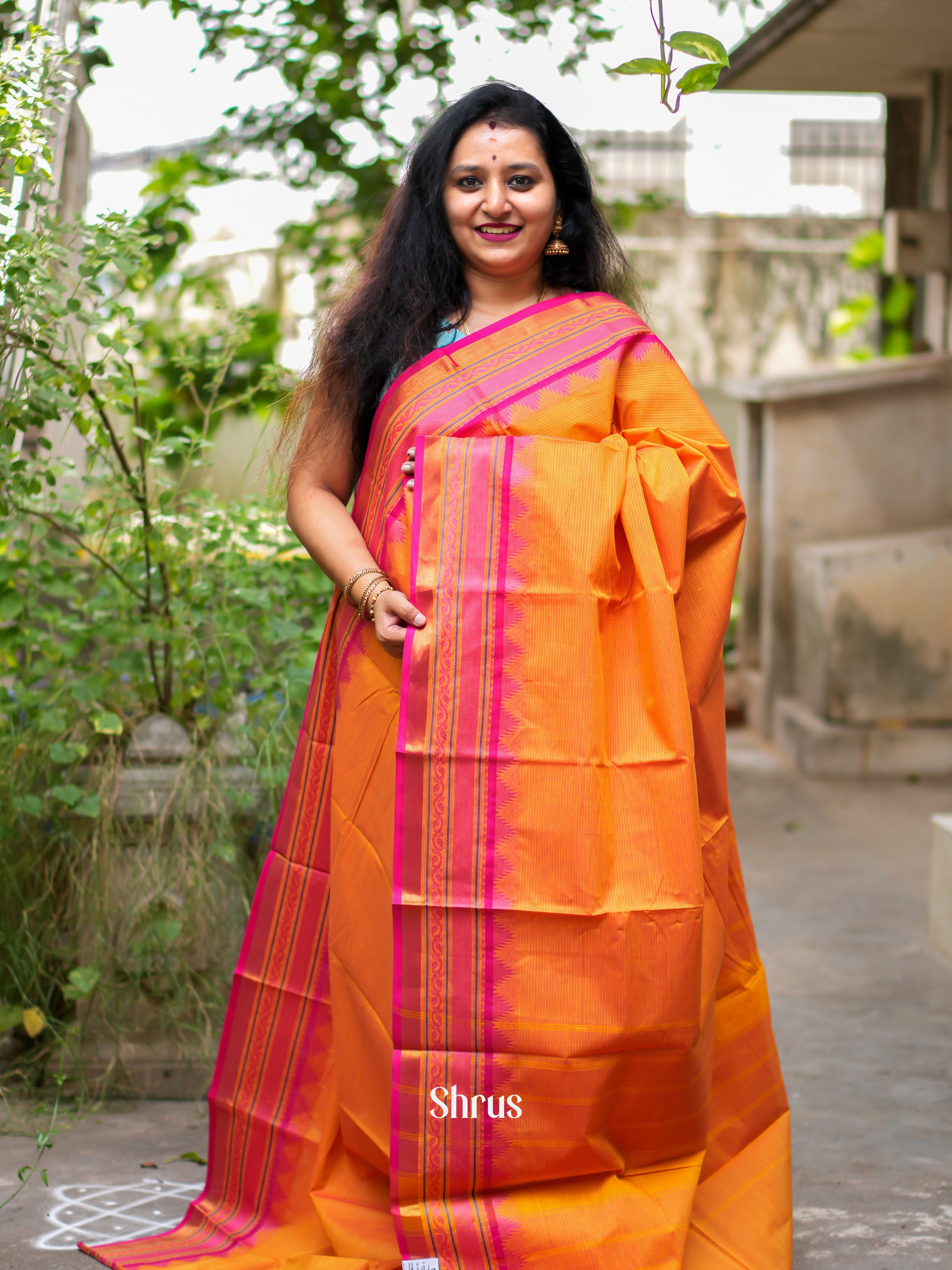 Orange & Pink - Chettinad Cotton Saree - Shop on ShrusEternity.com