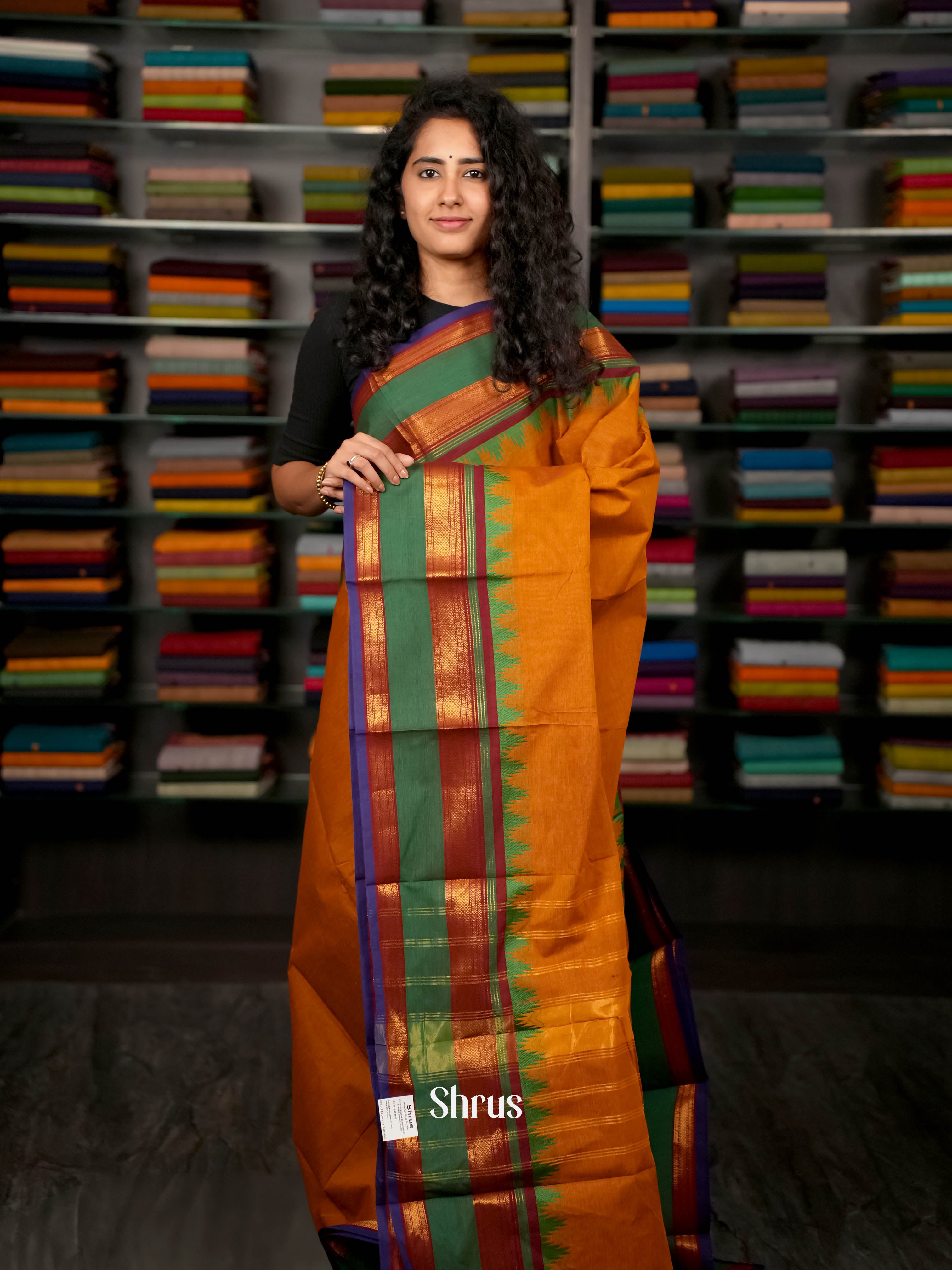 Orange & Green - Chettinad Cotton Saree - Shop on ShrusEternity.com