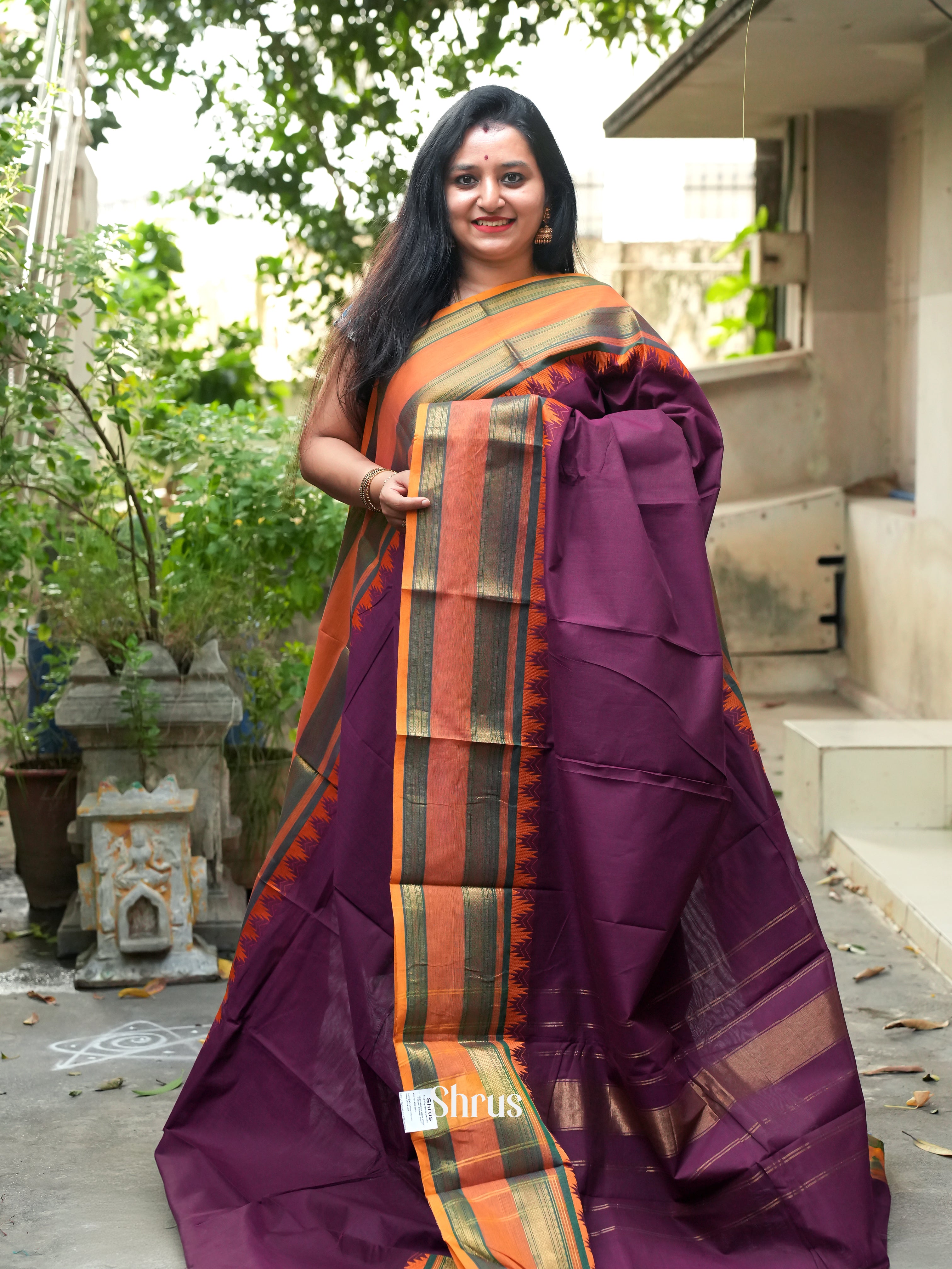 Purple & Orange - Chettinad Cotton Saree - Shop on ShrusEternity.com