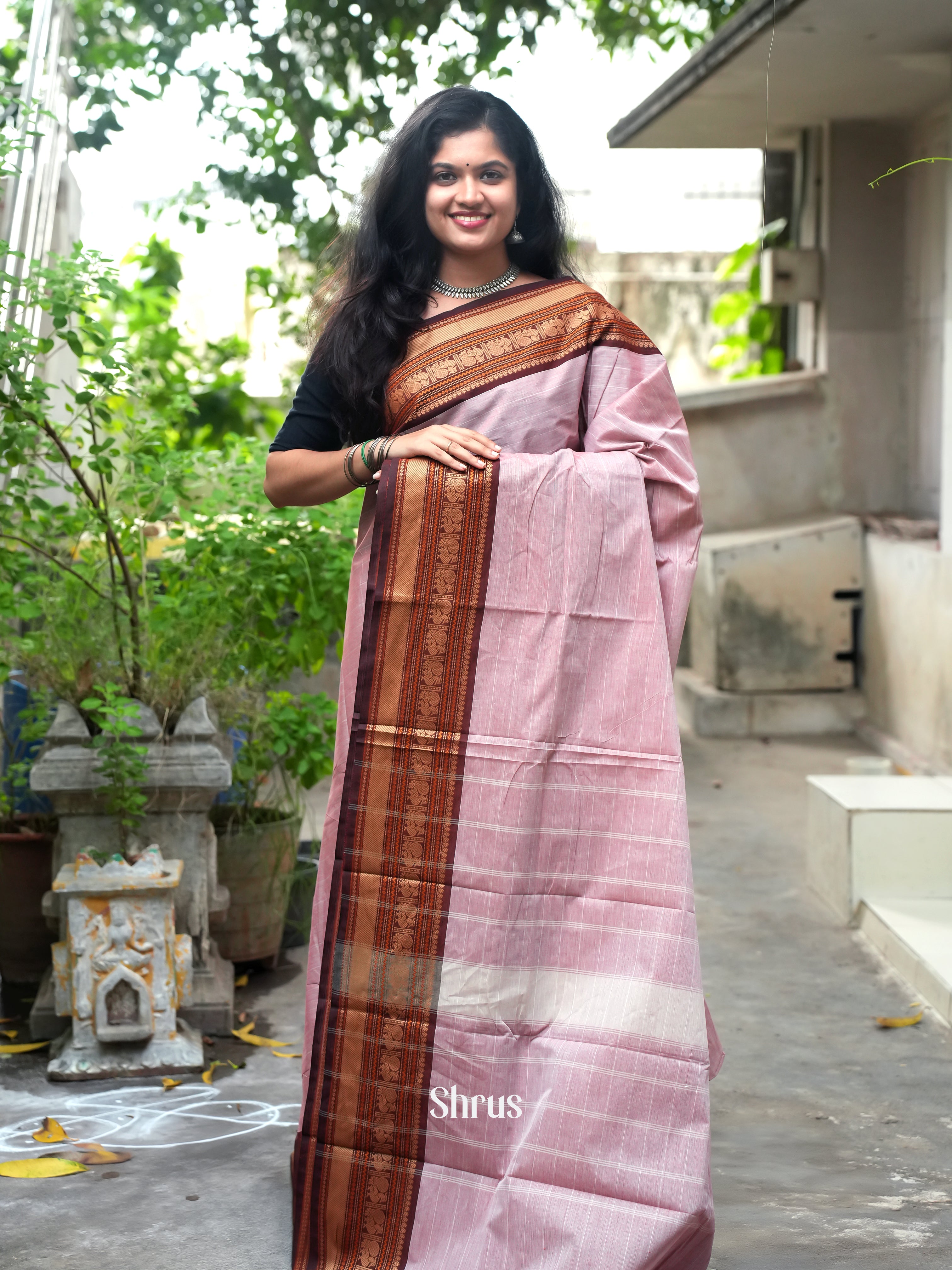 Pink & Brown -Chettinad Cotton Saree - Shop on ShrusEternity.com
