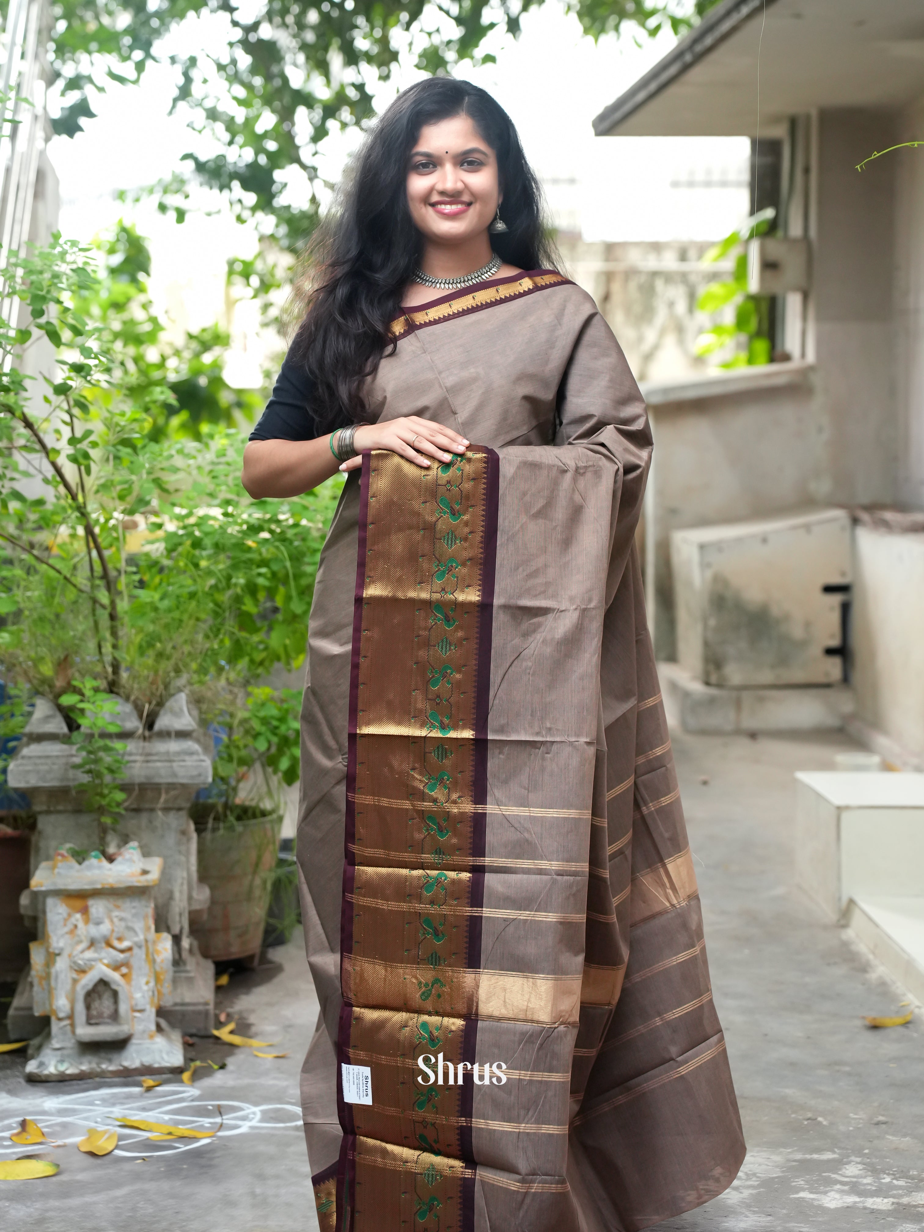 Grey & Brown -Chettinad Cotton Saree - Shop on ShrusEternity.com
