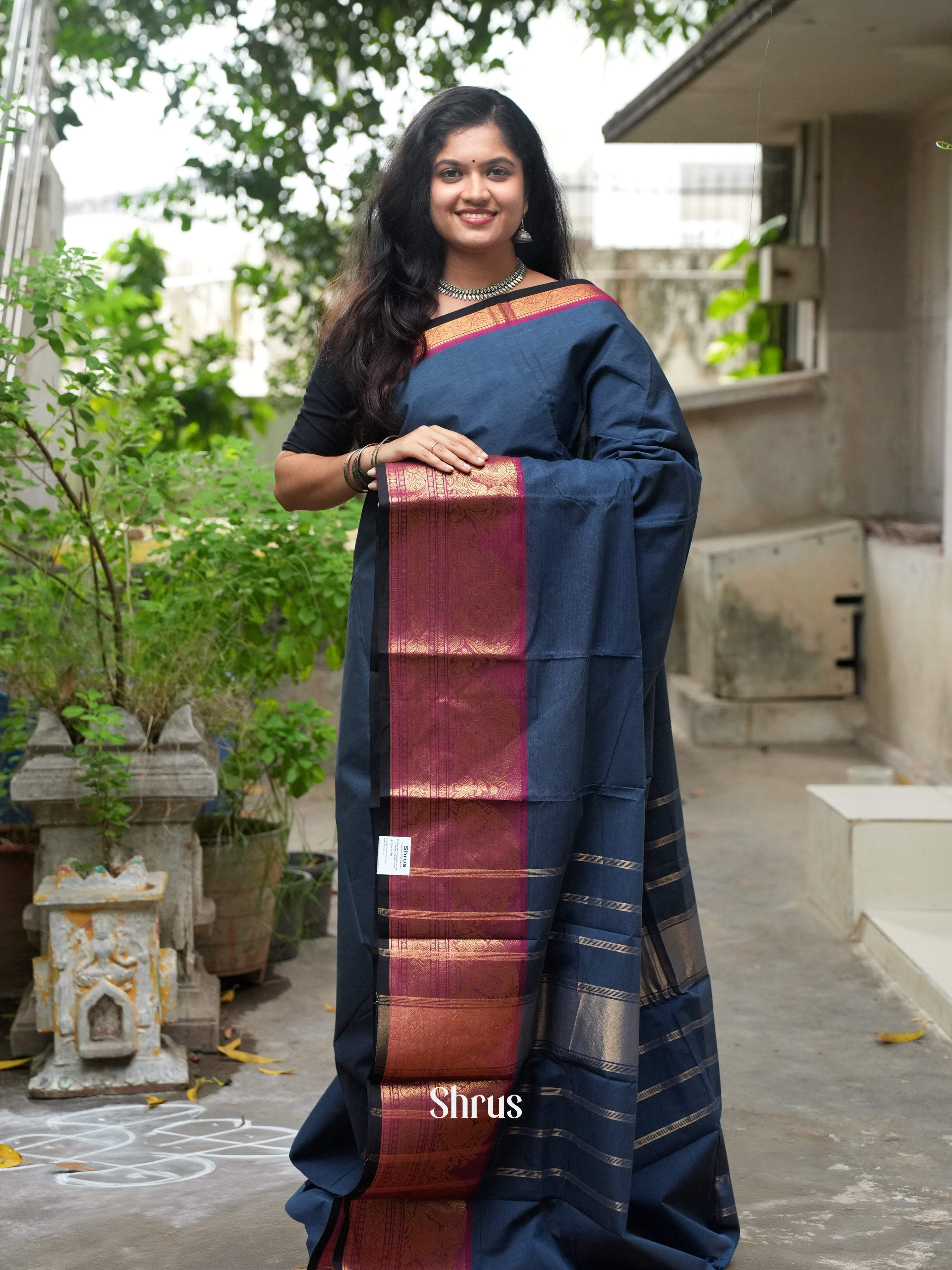 Blue & Maroon -Chettinad Cotton Saree - Shop on ShrusEternity.com