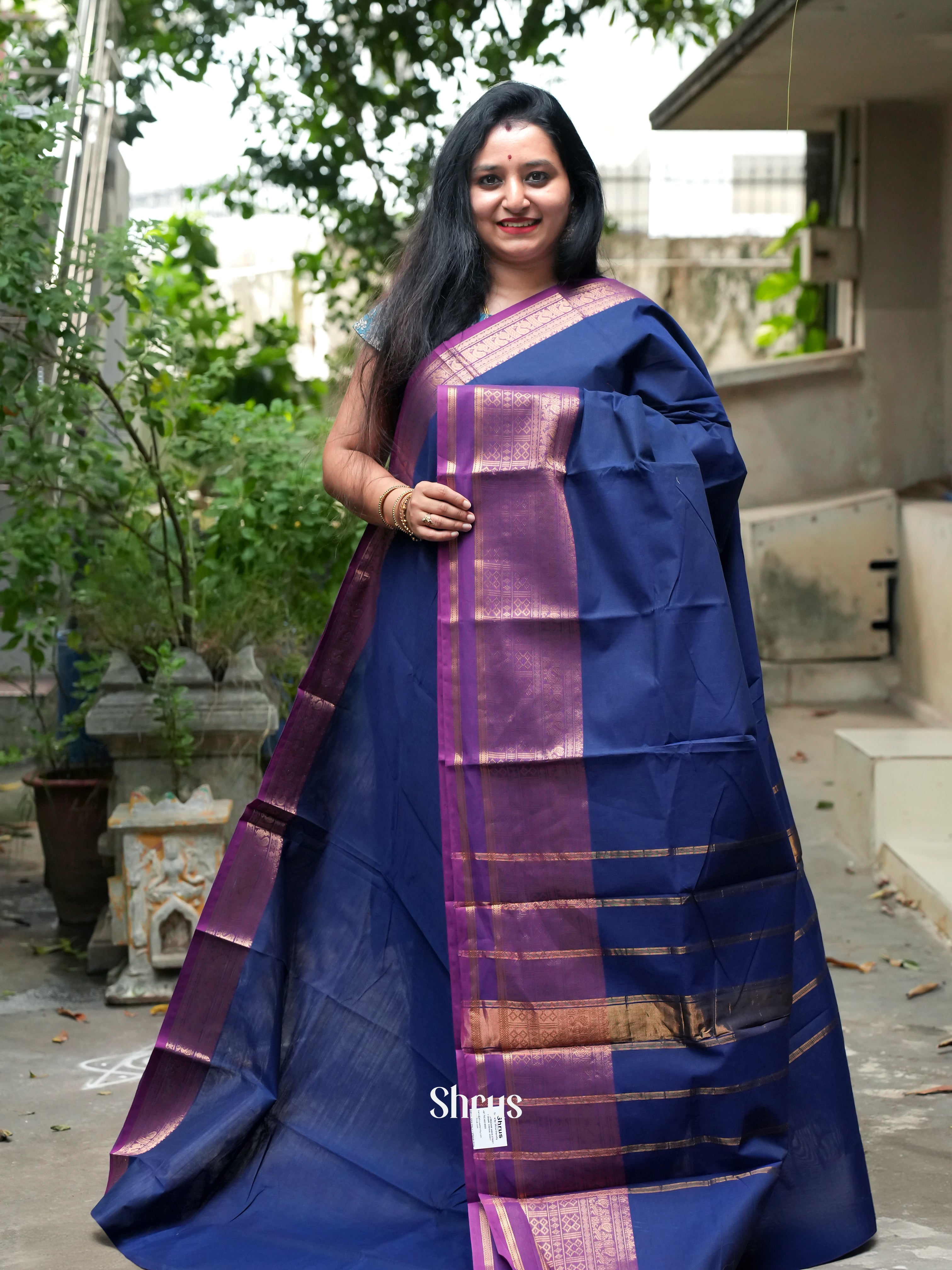Blue & Purple - Chettinad Cotton Saree - Shop on ShrusEternity.com