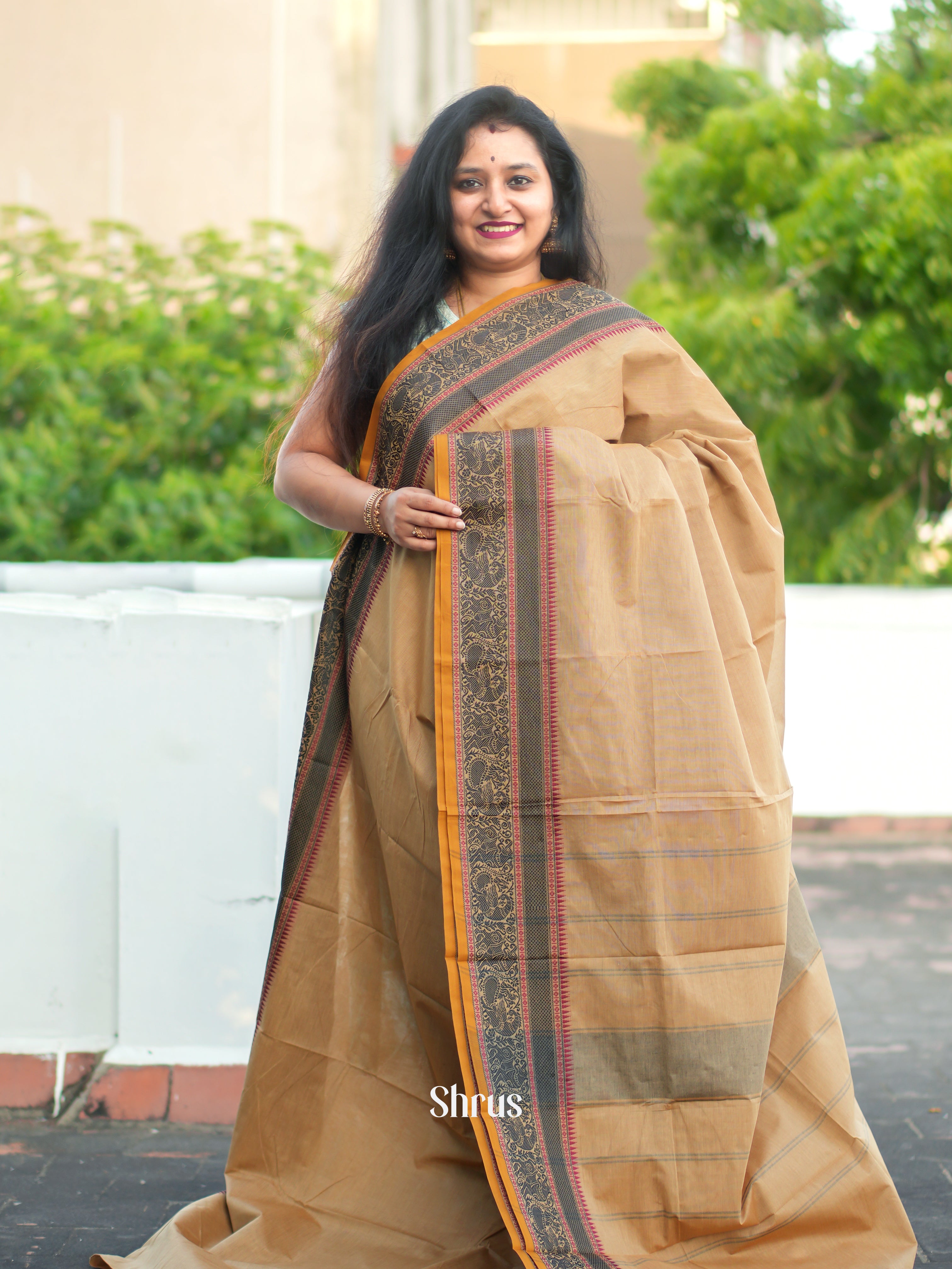 Beige & Black - Chettinad Cotton Saree - Shop on ShrusEternity.com