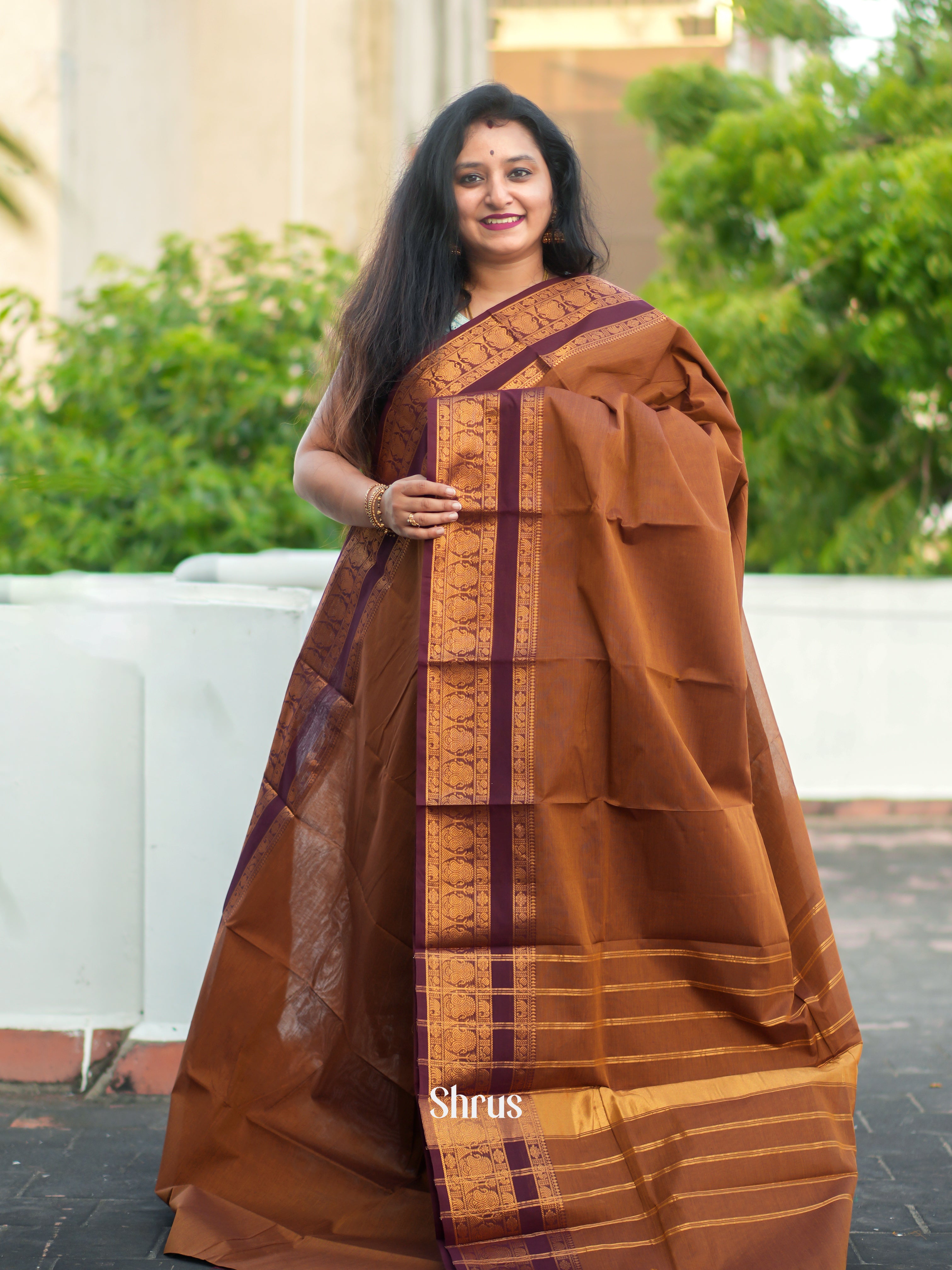 Brown & Maroon - Chettinad Cotton Saree - Shop on ShrusEternity.com