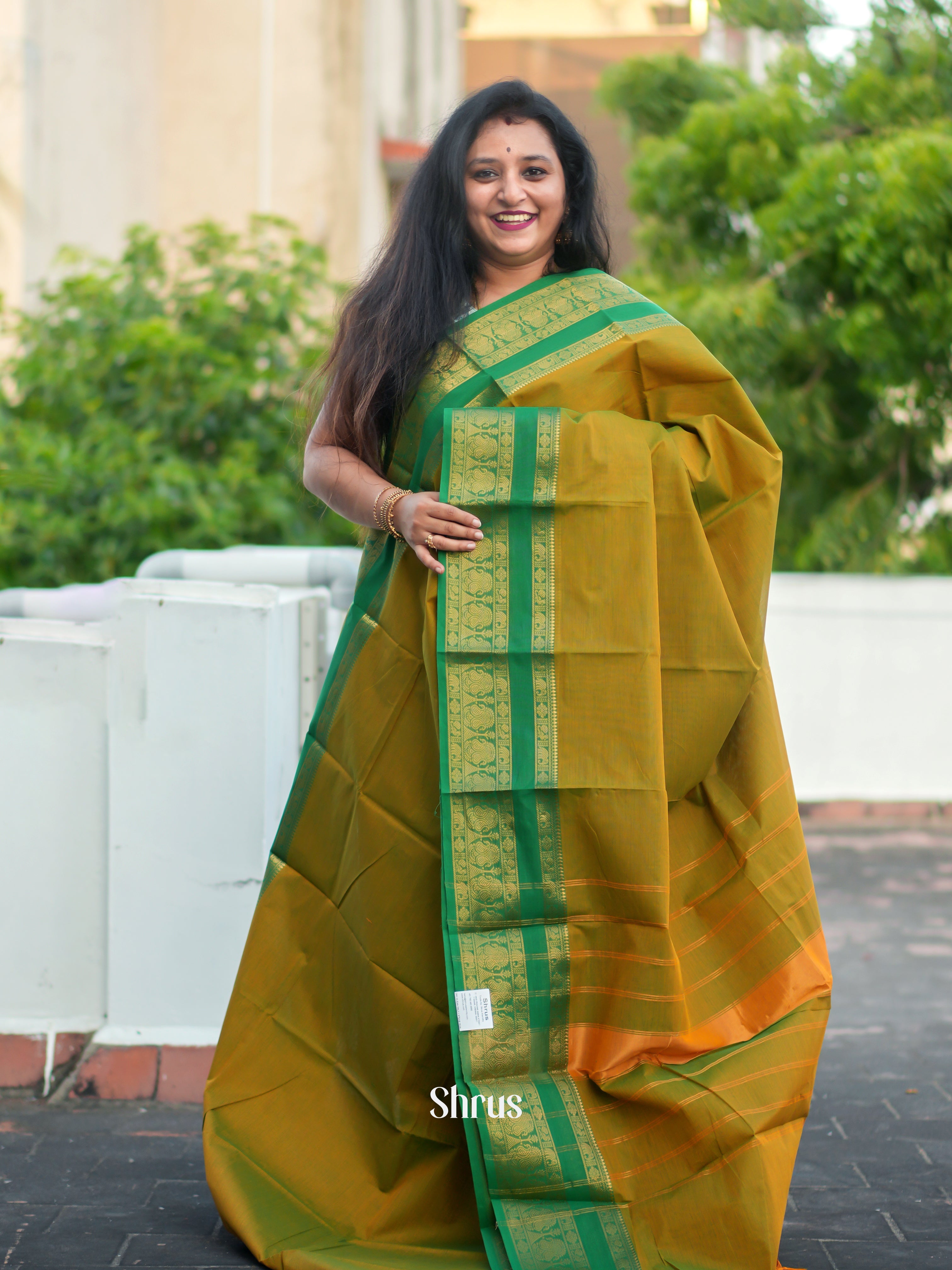 Mustardy Green & Green - Chettinad Cotton Saree - Shop on ShrusEternity.com