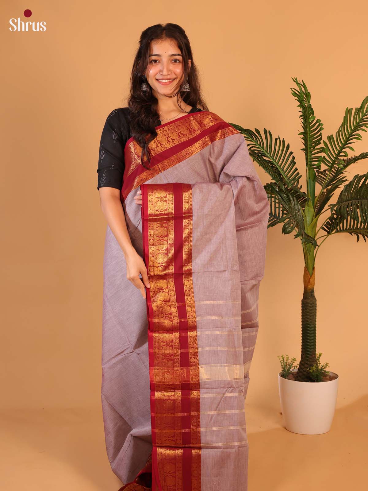 Mild Lavender & Red - Chettinad Cotton Saree - Shop on ShrusEternity.com