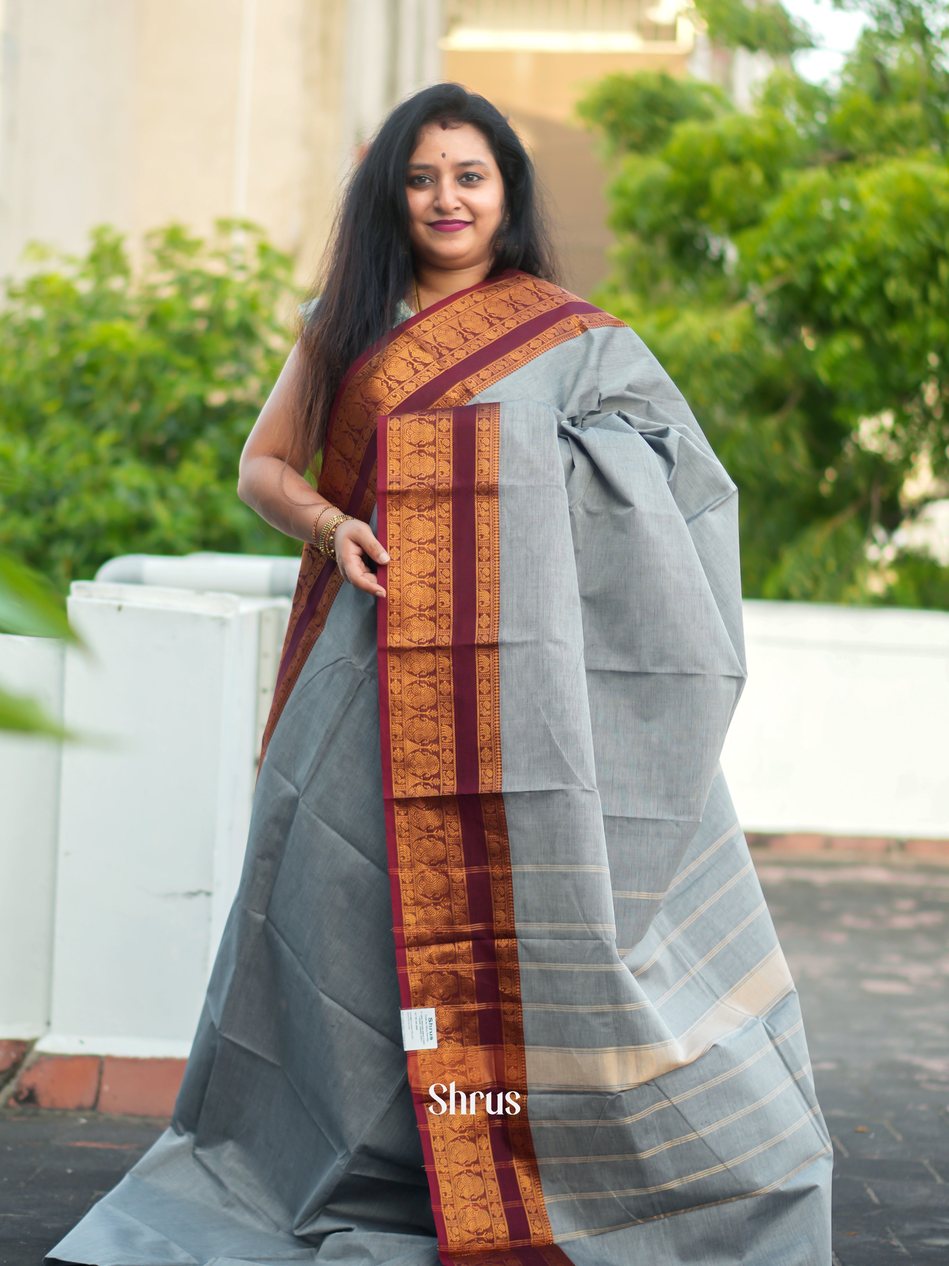 Grey & Maroon - Chettinad Cotton Saree - Shop on ShrusEternity.com