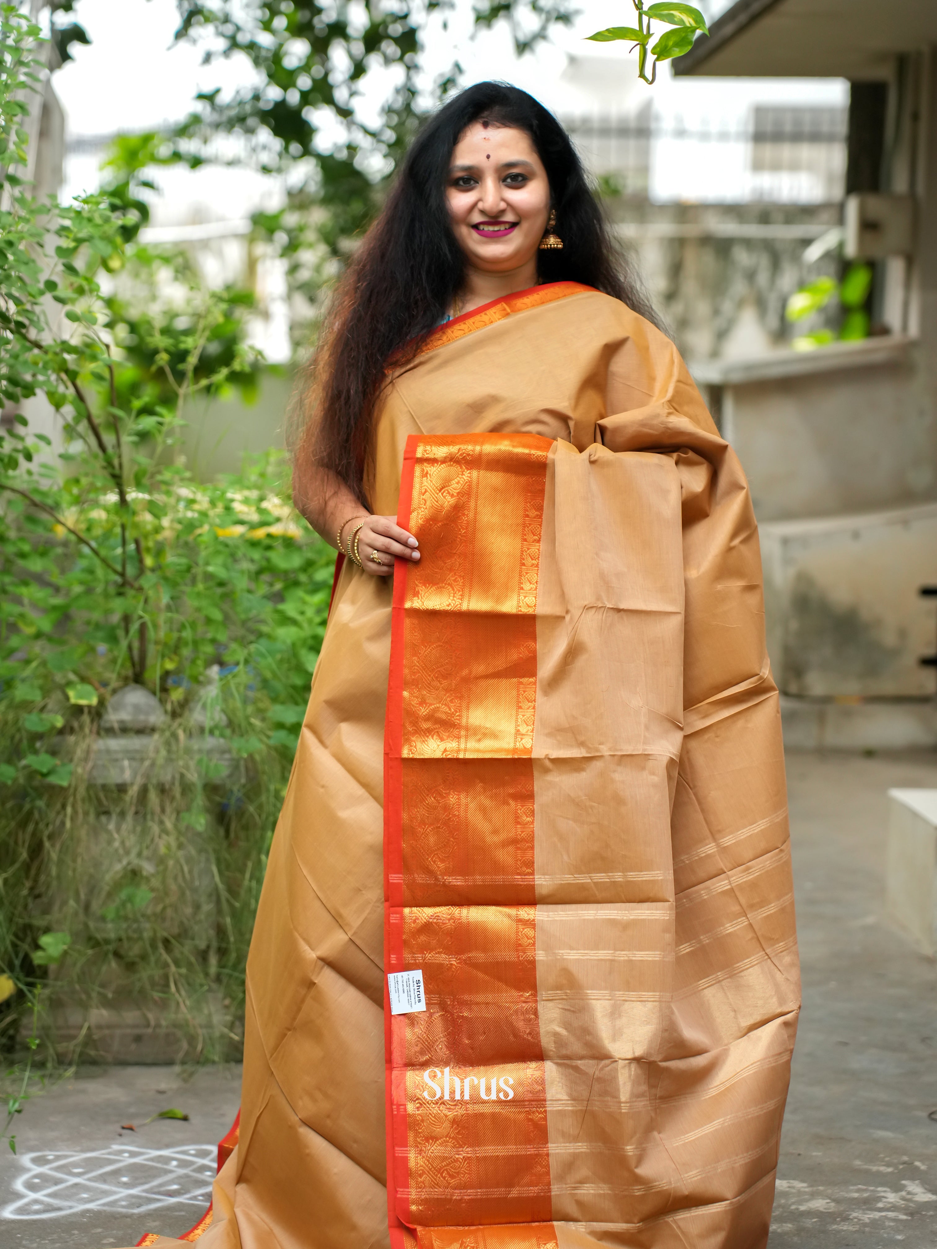 Sandal & Orange - Chettinad Cotton Saree - Shop on ShrusEternity.com