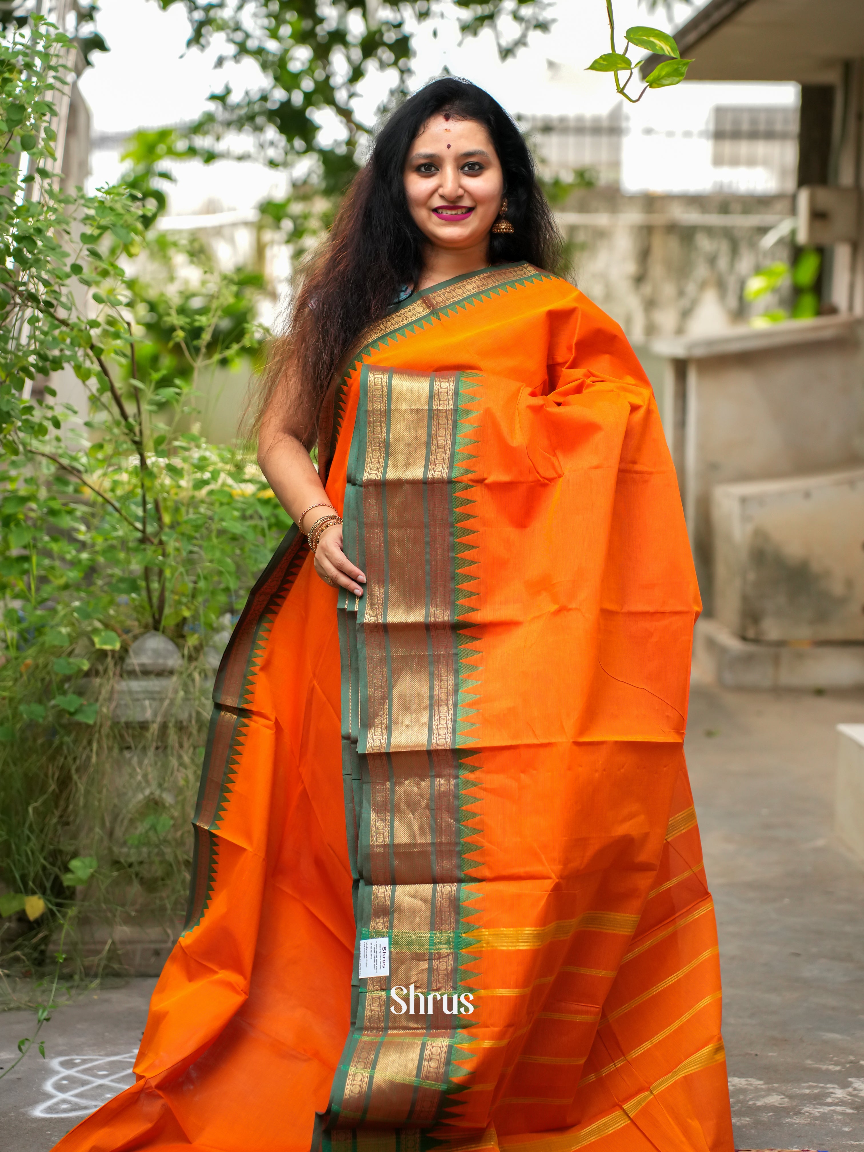 Orange & Green - Chettinad Cotton Saree - Shop on ShrusEternity.com