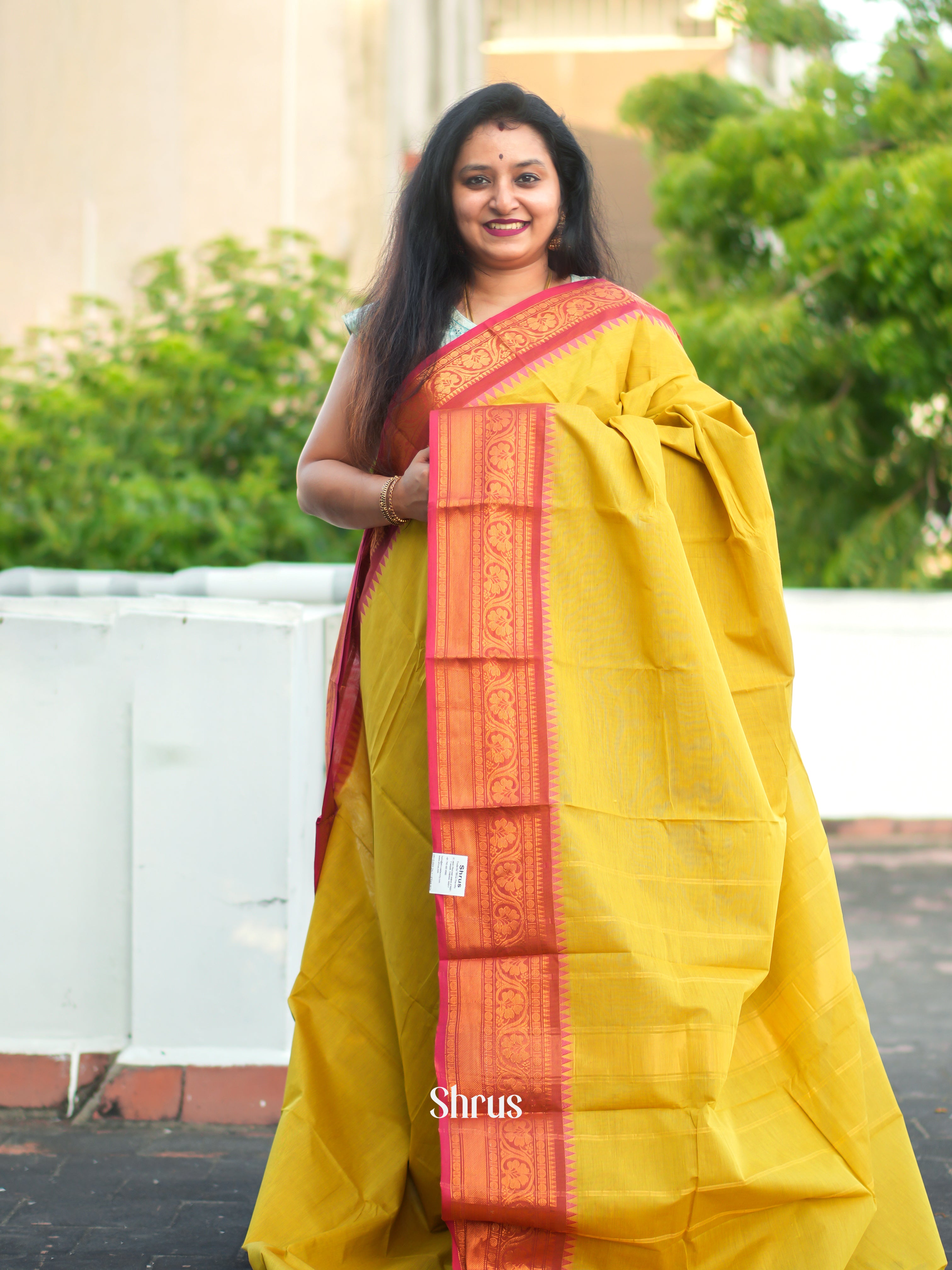 Mustardy Green & Red - Chettinad Cotton Saree - Shop on ShrusEternity.com
