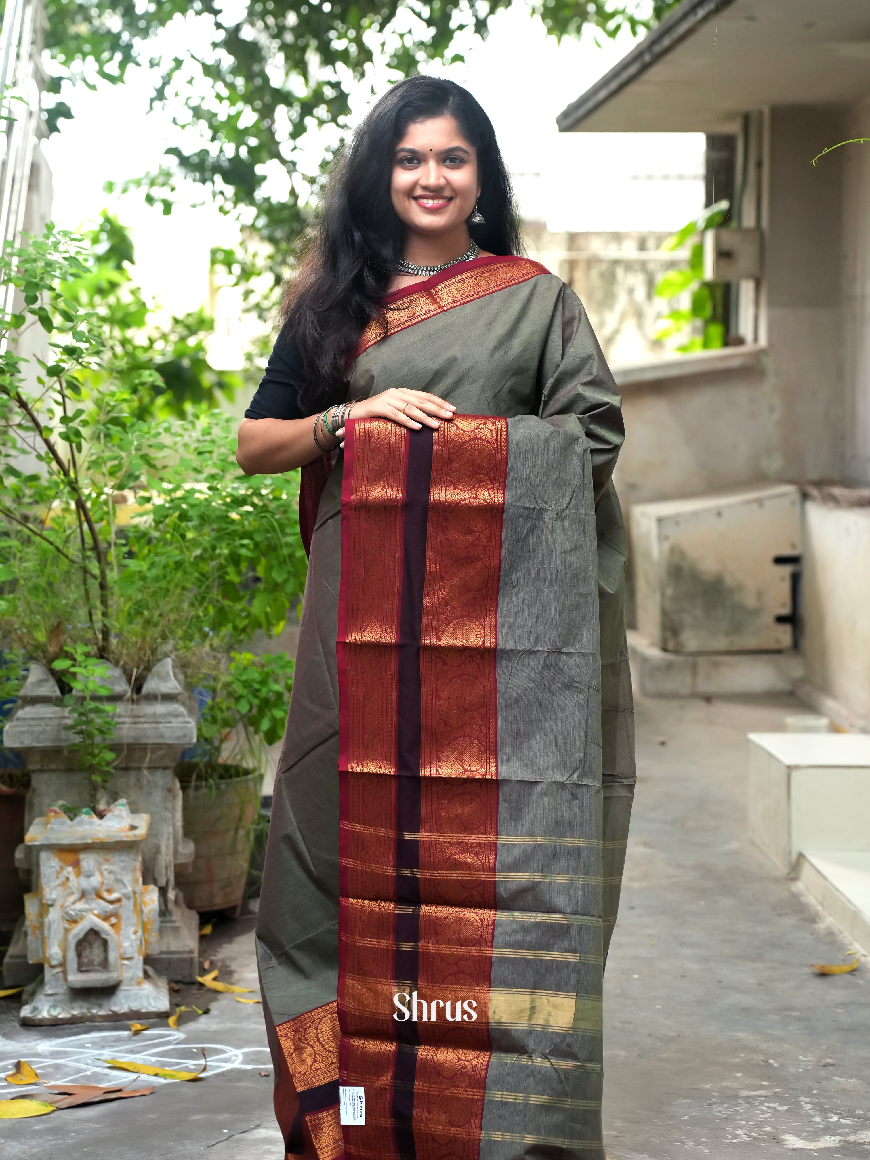 Grey & Maroon -Chettinad Cotton Saree - Shop on ShrusEternity.com