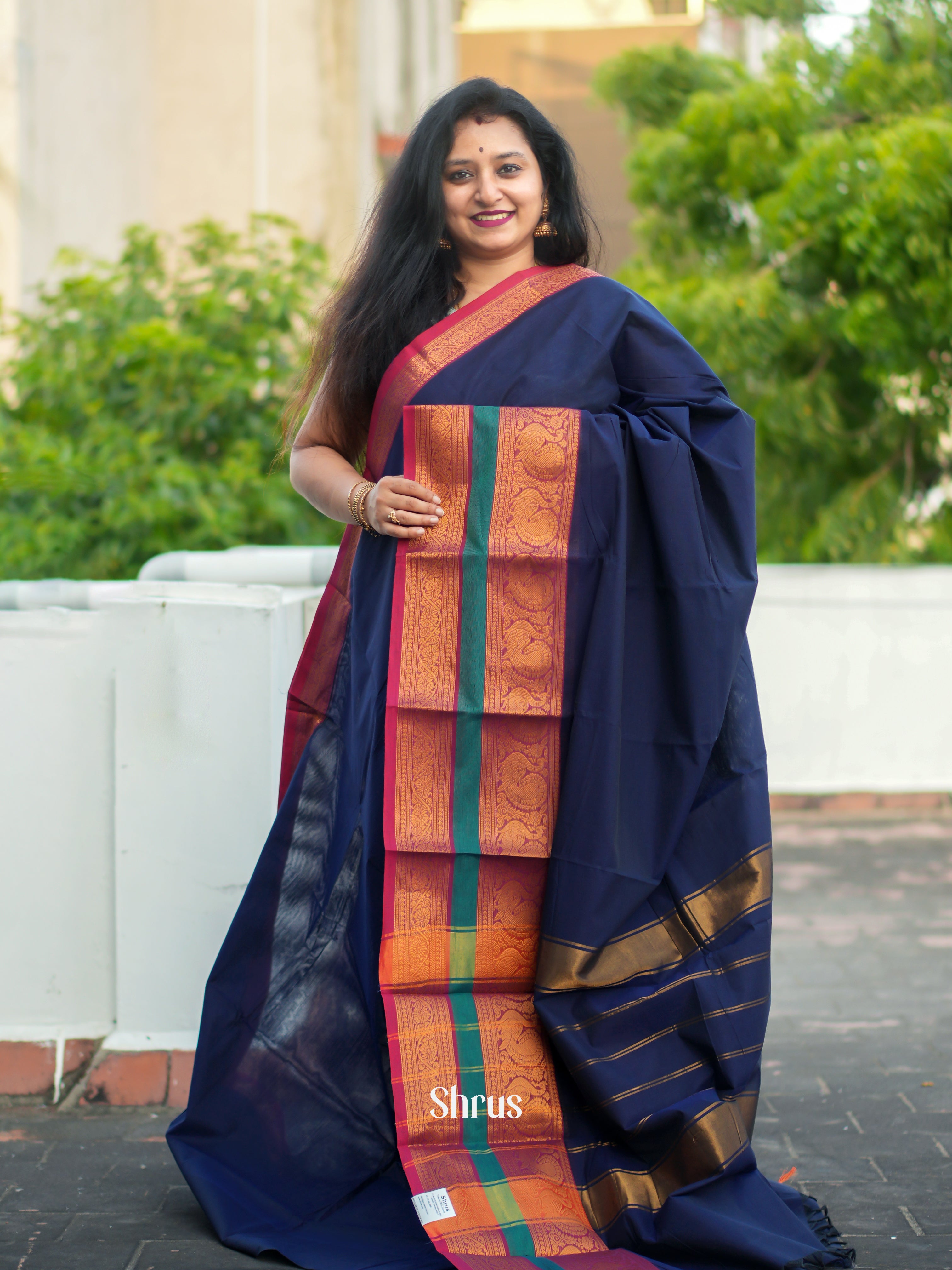 Blue & Red - Chettinad Cotton Saree - Shop on ShrusEternity.com
