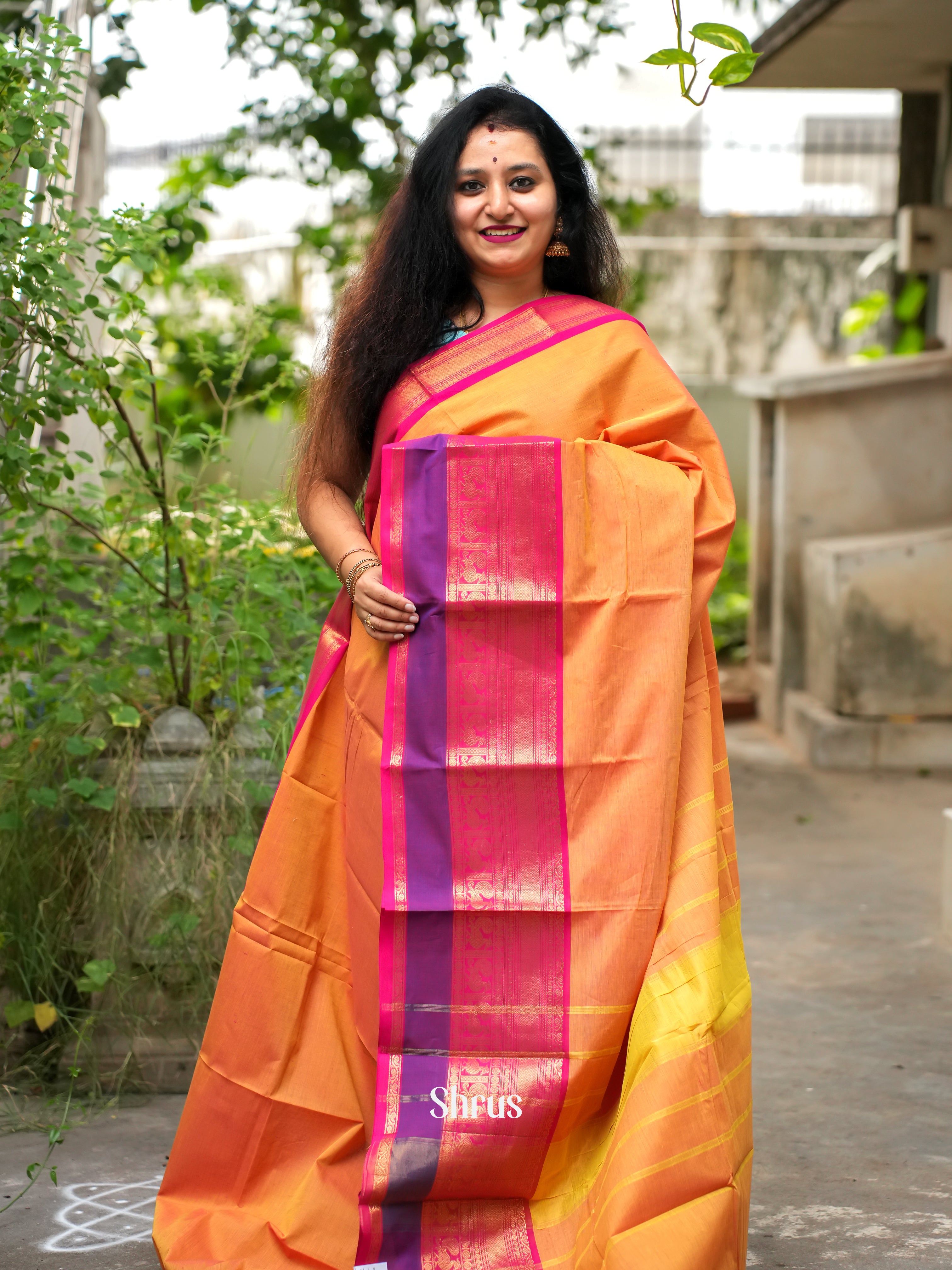Yellowish Orange & Pink - Chettinad Cotton Saree - Shop on ShrusEternity.com