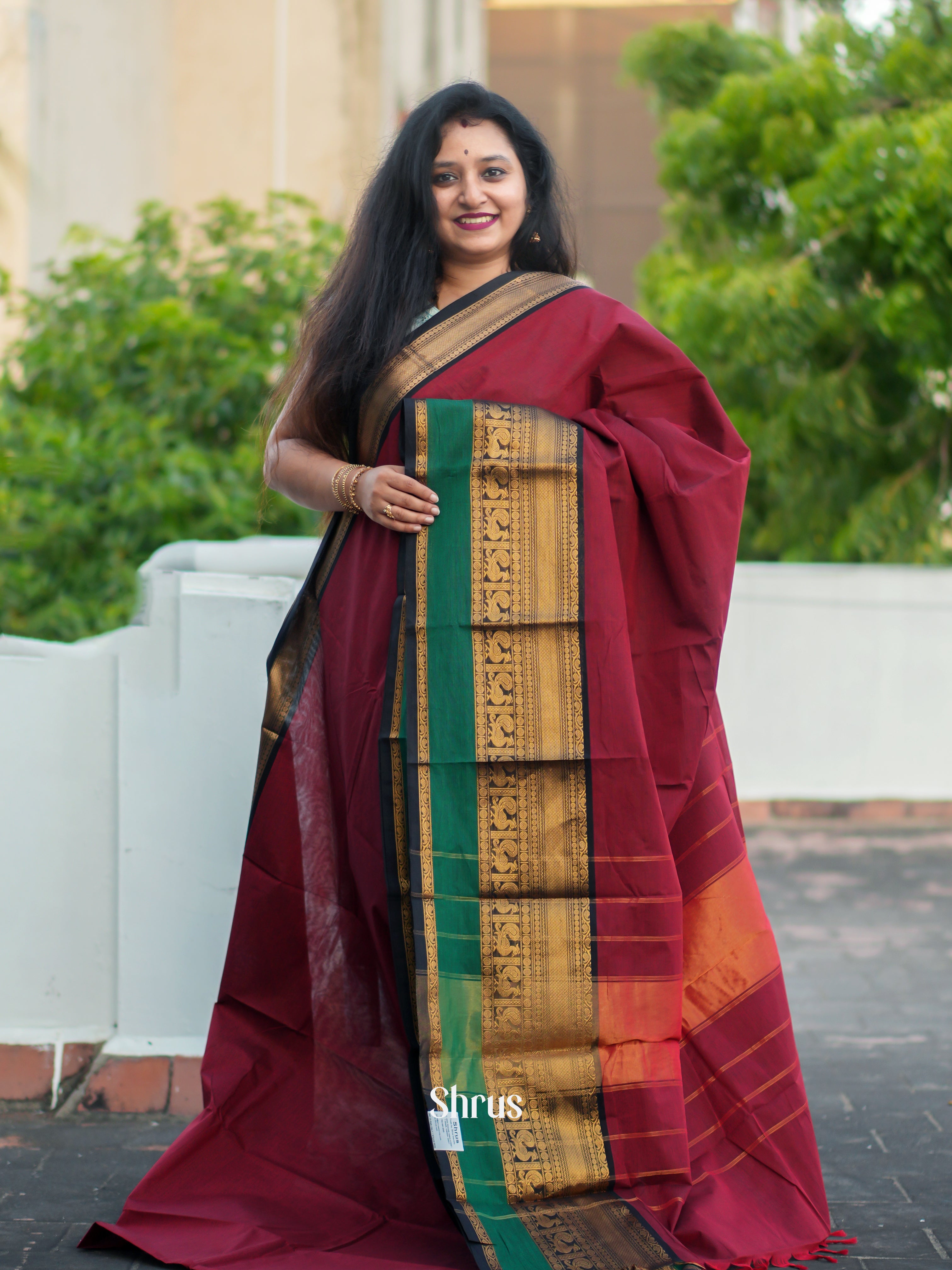 Maroon & Green - Chettinad Cotton Saree - Shop on ShrusEternity.com
