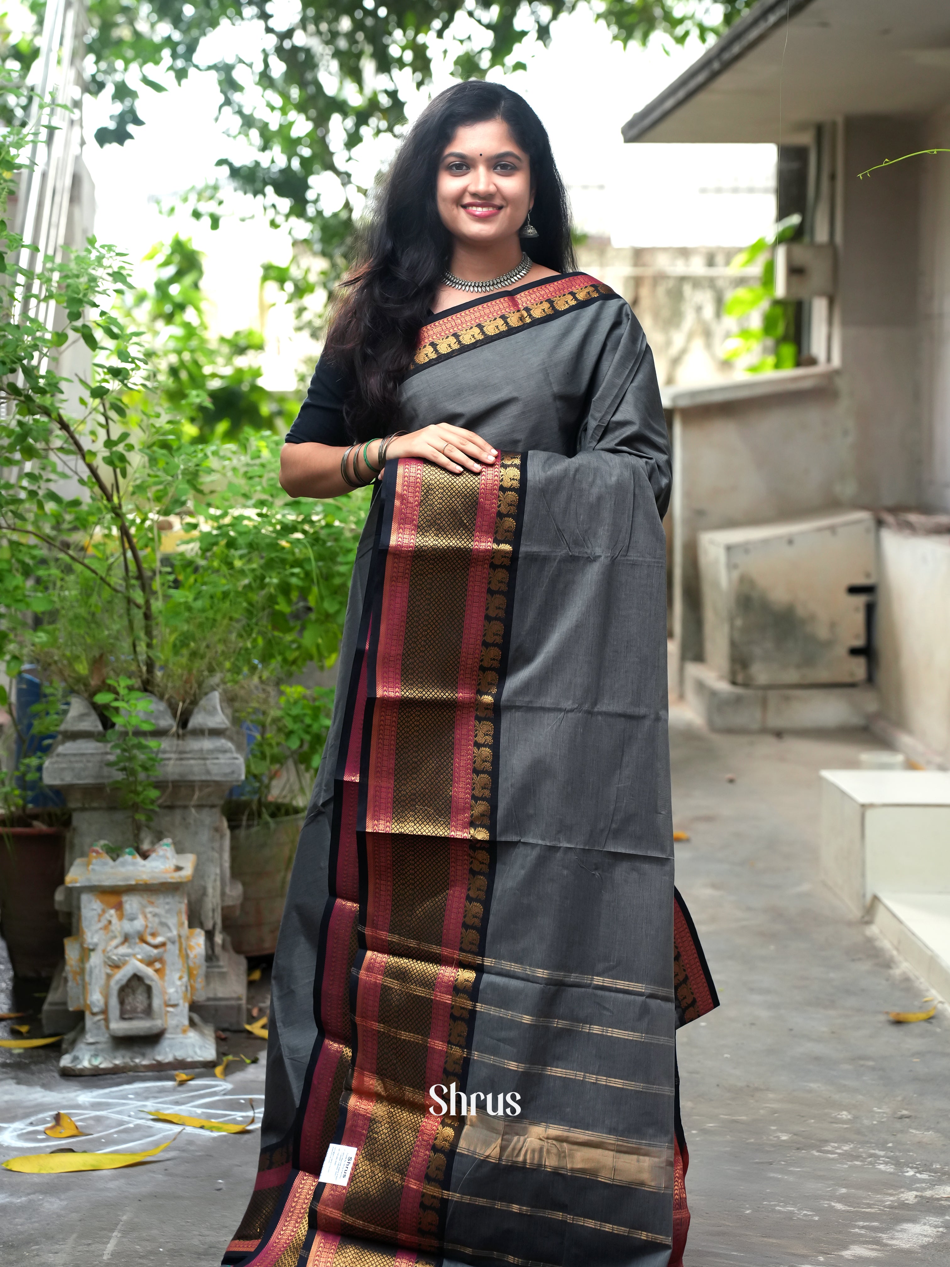 Grey & Black -Chettinad Cotton Saree - Shop on ShrusEternity.com