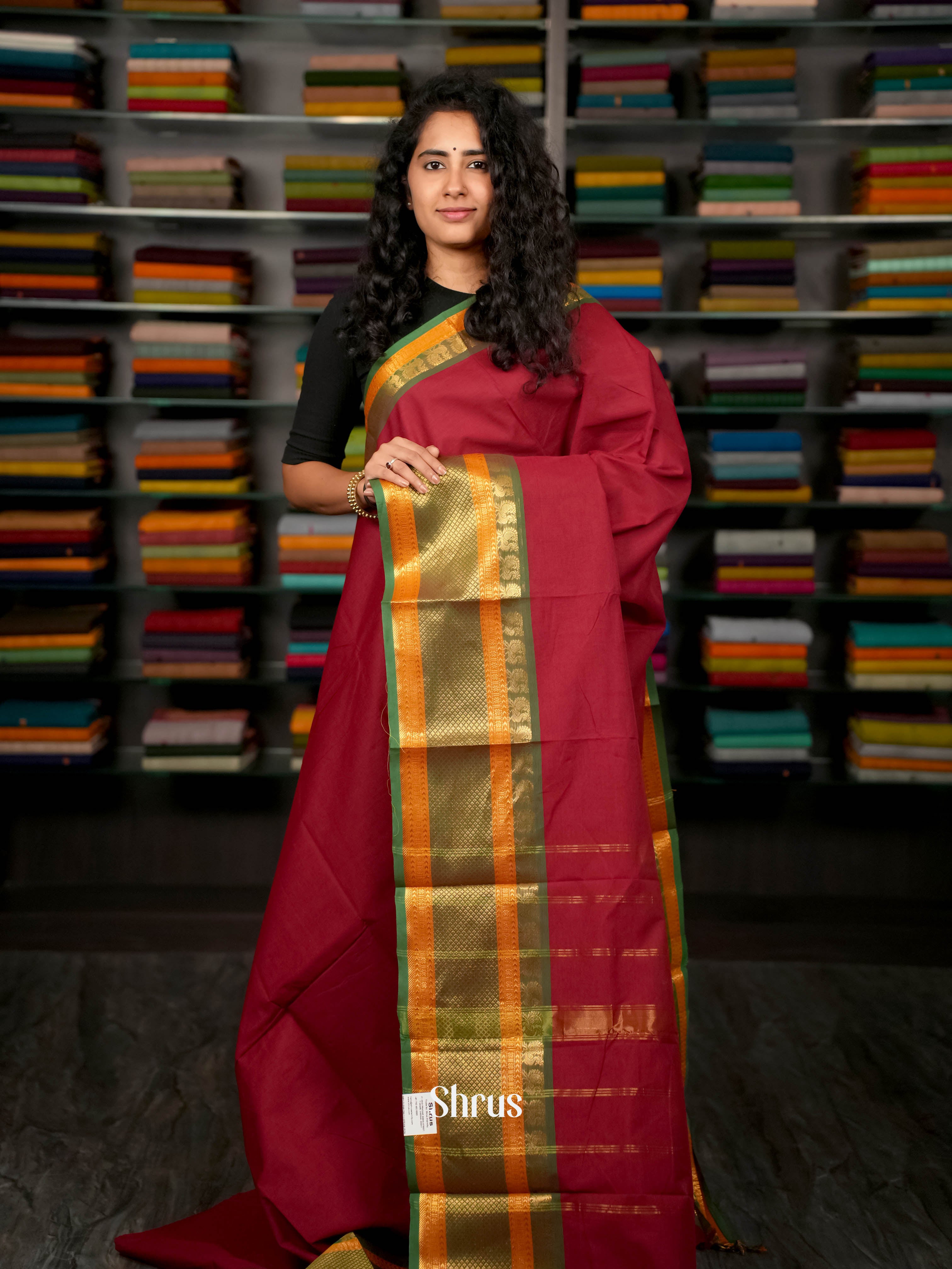 Maroon & Green - Chettinad Cotton Saree - Shop on ShrusEternity.com