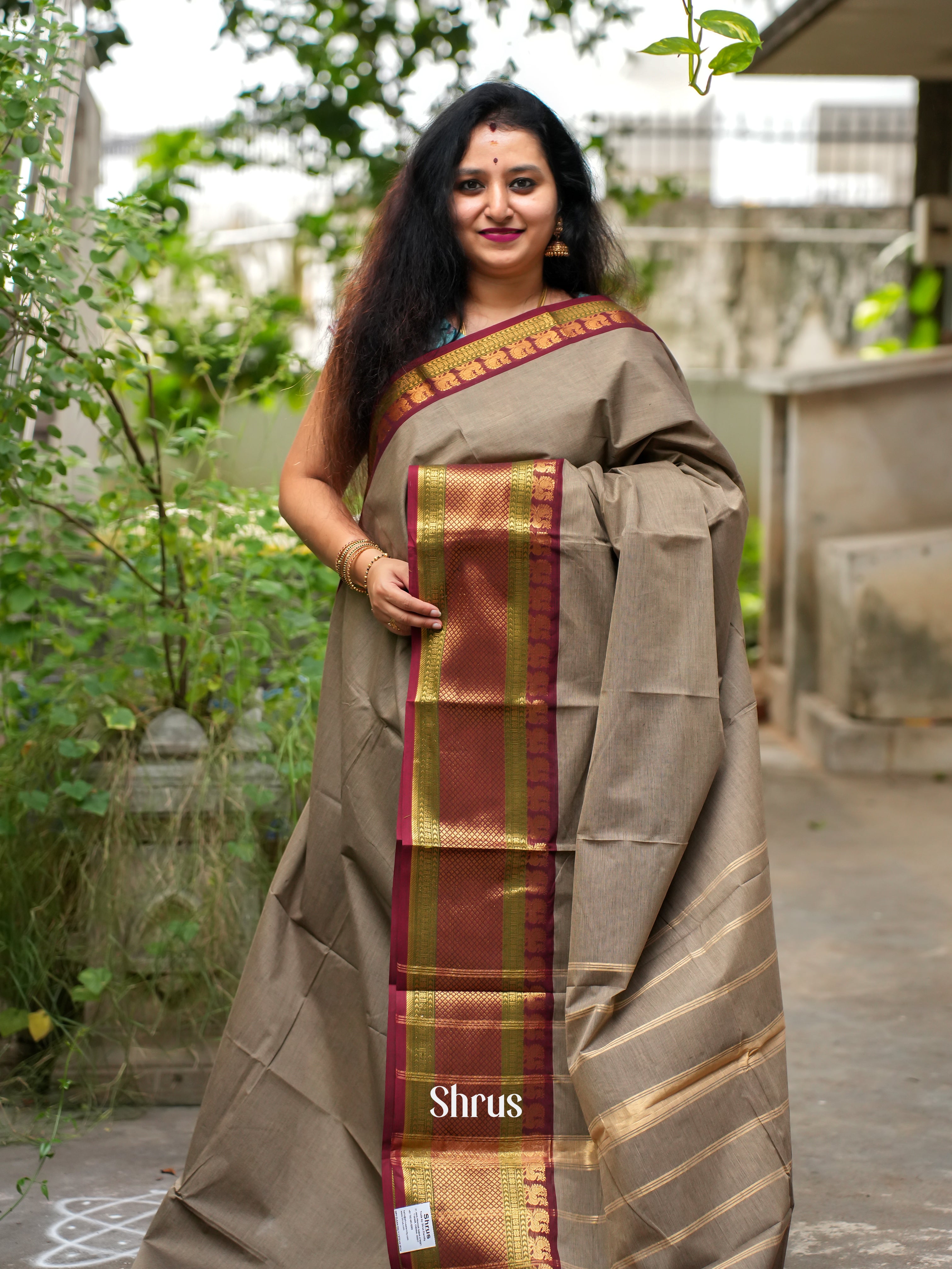 Grey & Maroon - Chettinad Cotton Saree - Shop on ShrusEternity.com