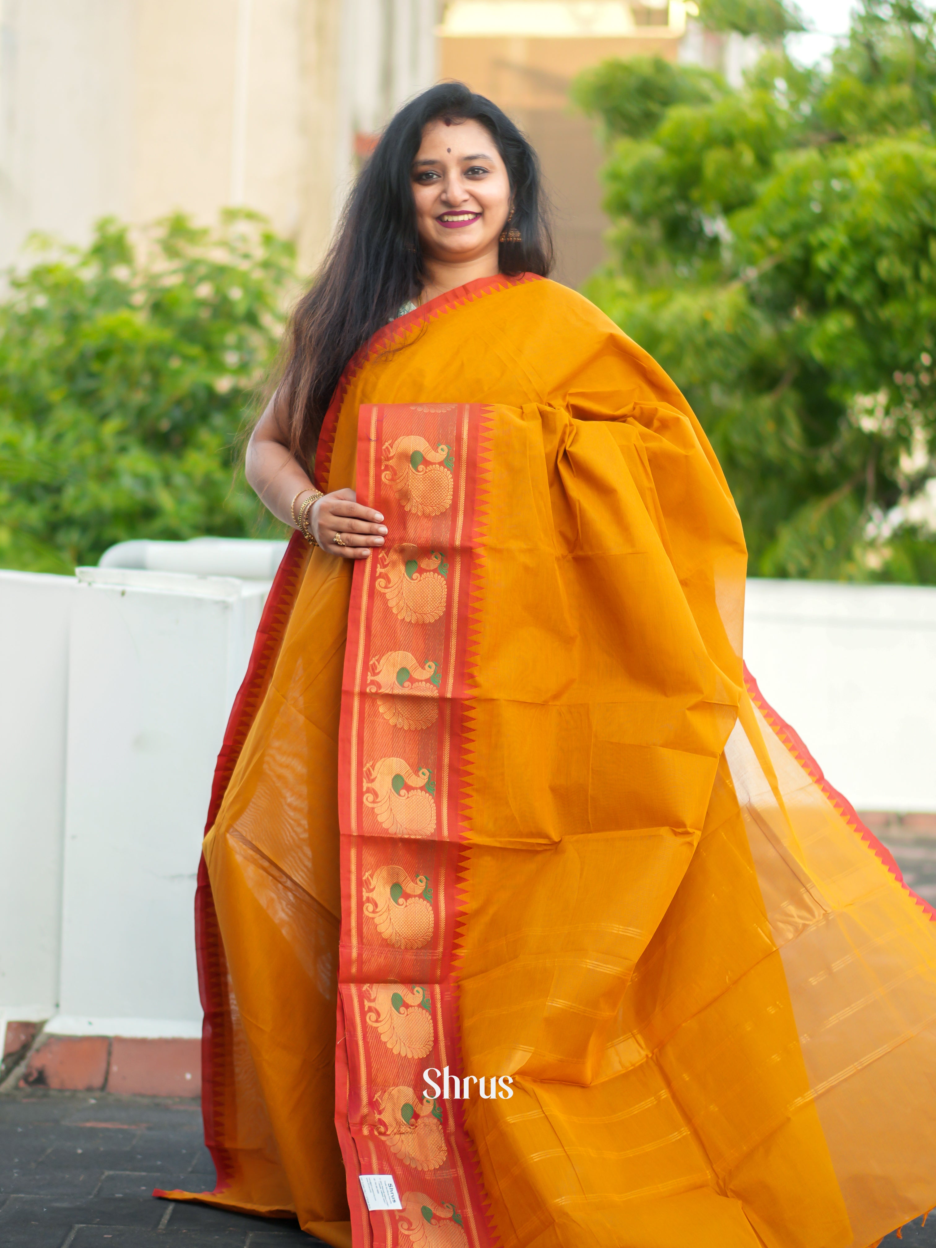 Mustard & Orange - Chettinad Cotton Saree - Shop on ShrusEternity.com