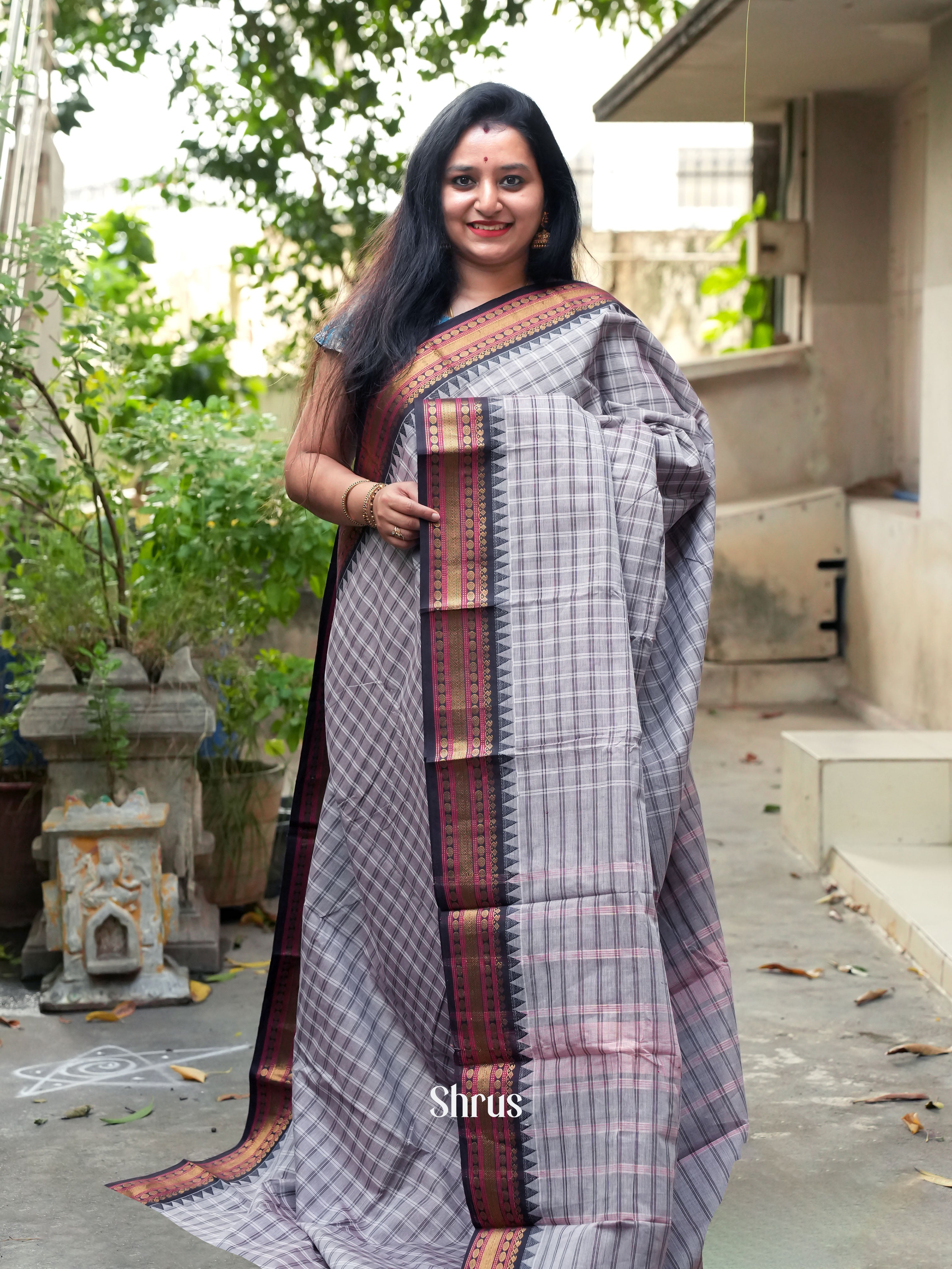 Grey & Black- Chettinad Cotton Saree - Shop on ShrusEternity.com