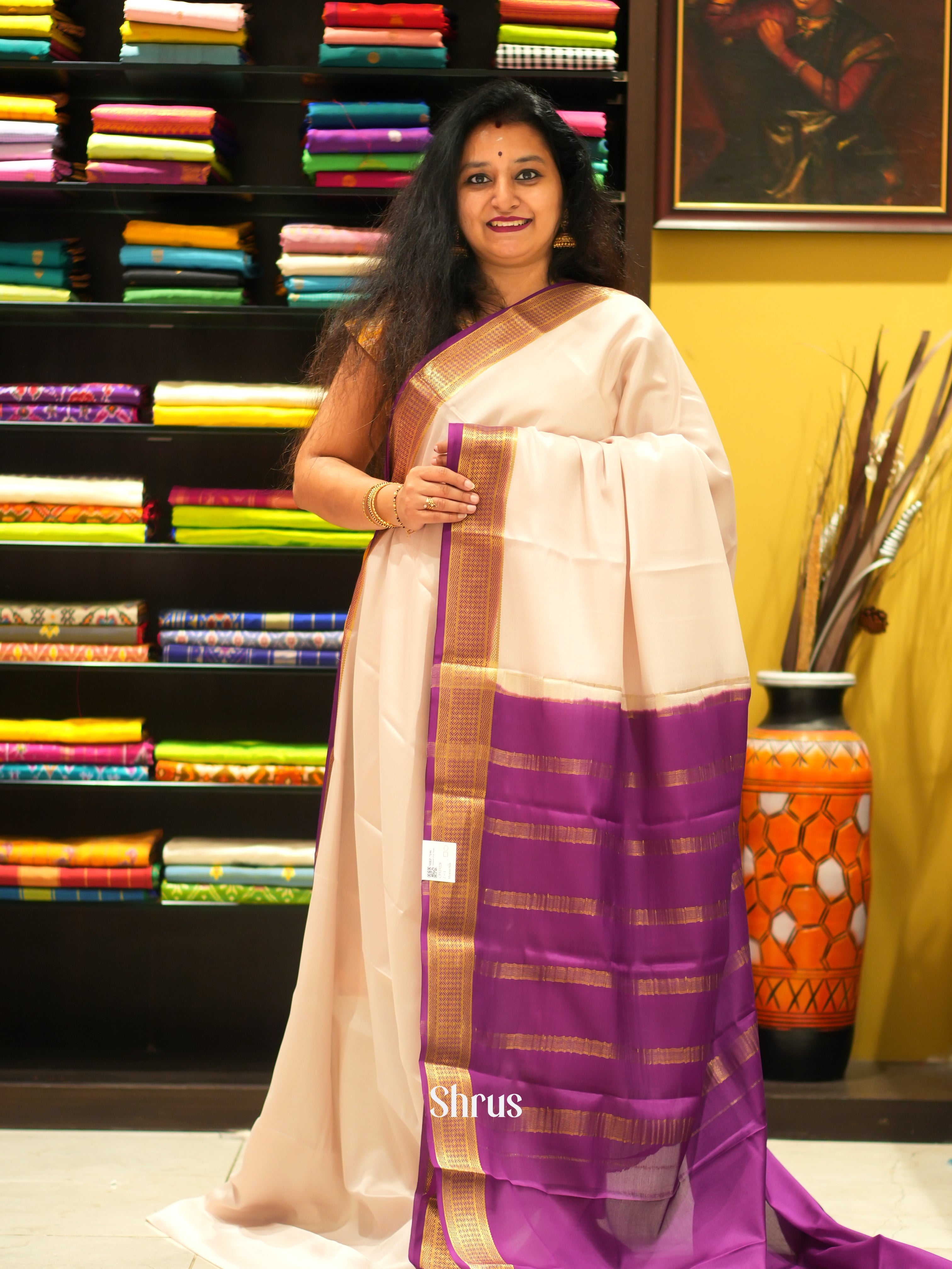 Cream & Majenta -Mysore Silk - Shop on ShrusEternity.com