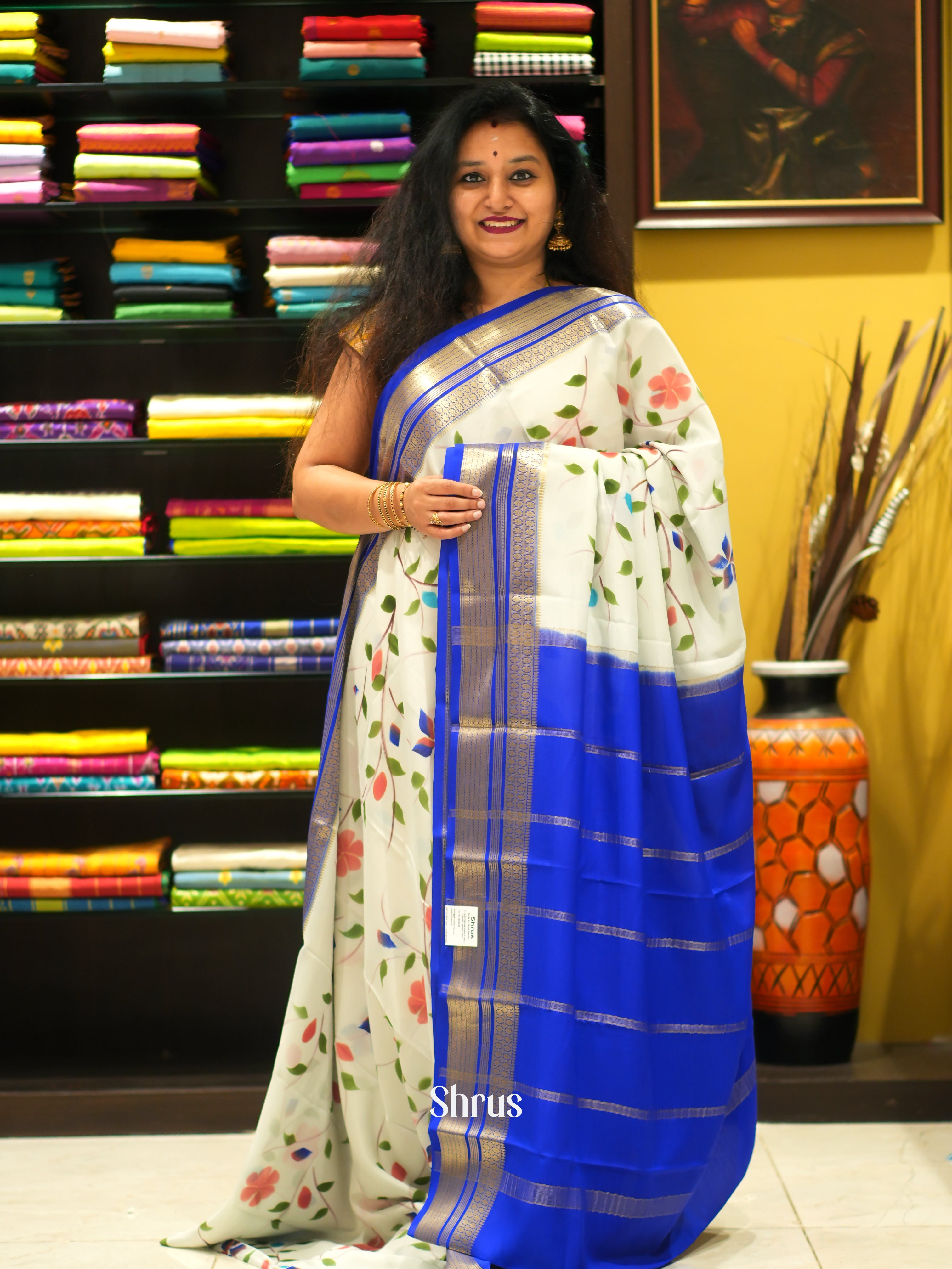 Cream & Blue -Mysore Silk - Shop on ShrusEternity.com