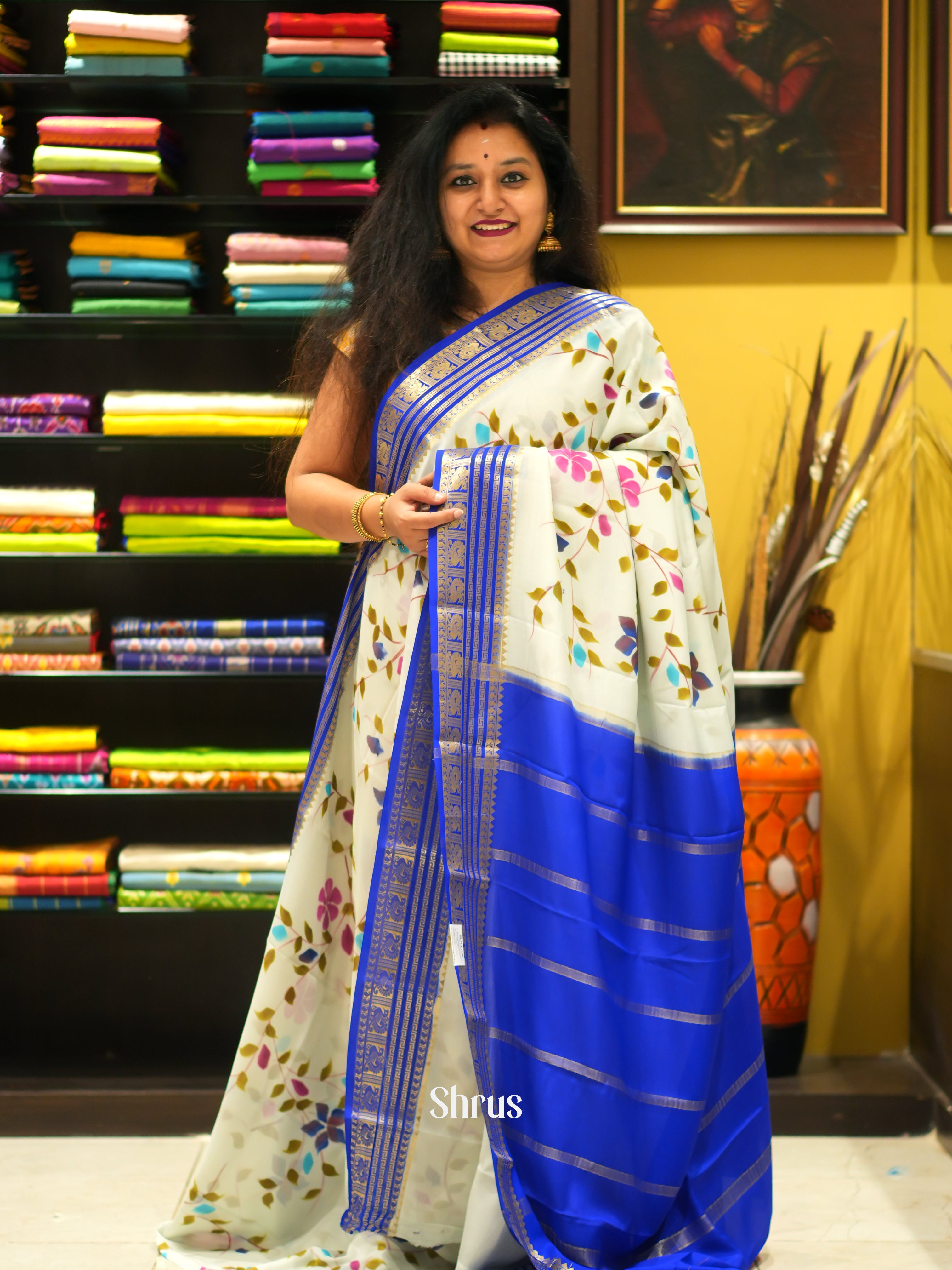 Cream & Blue -Mysore Silk - Shop on ShrusEternity.com