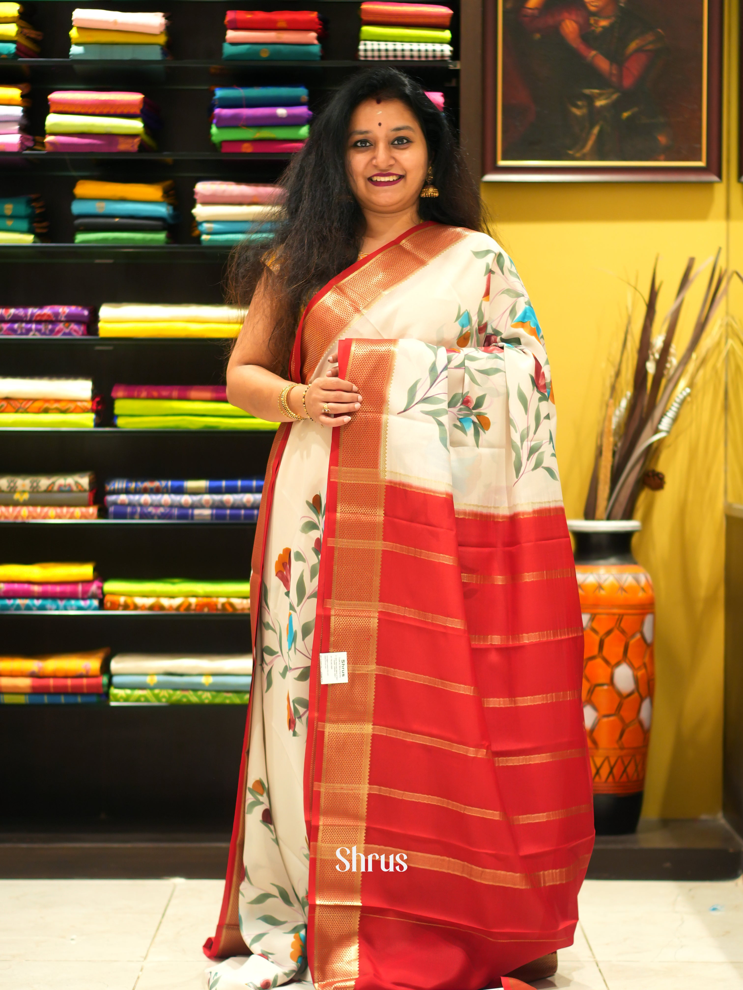 Cream & Red -Mysore Silk - Shop on ShrusEternity.com