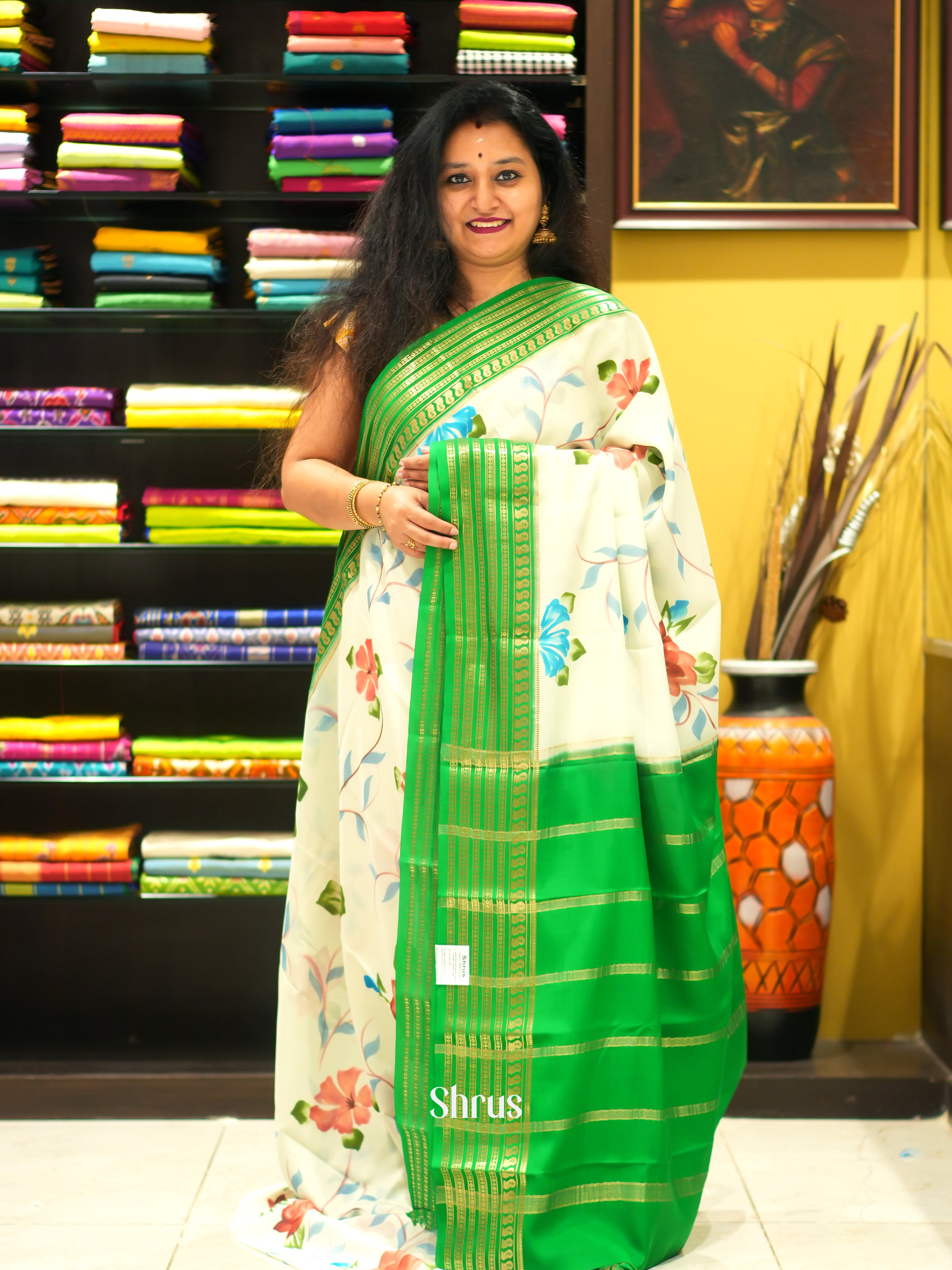 Cream & Green -Mysore Silk - Shop on ShrusEternity.com