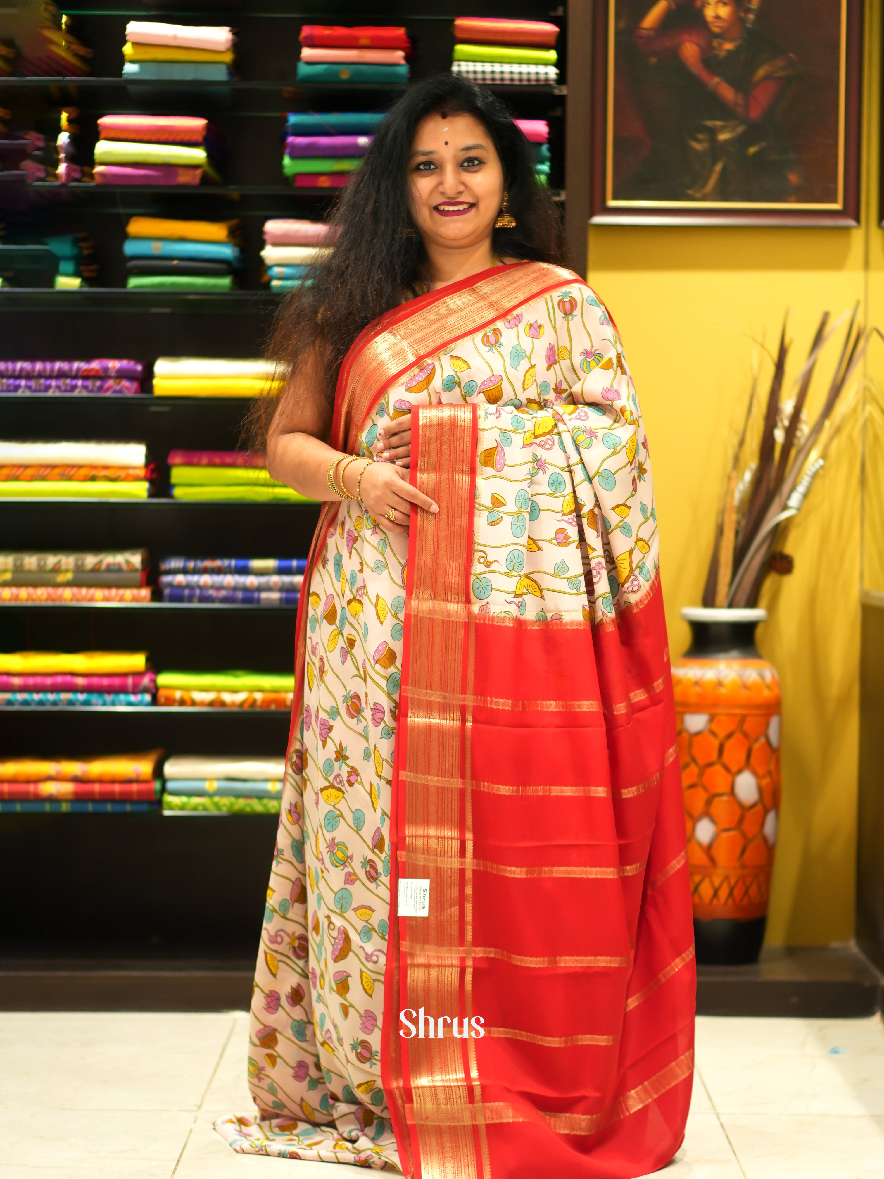 Cream & Red -Mysore Silk - Shop on ShrusEternity.com