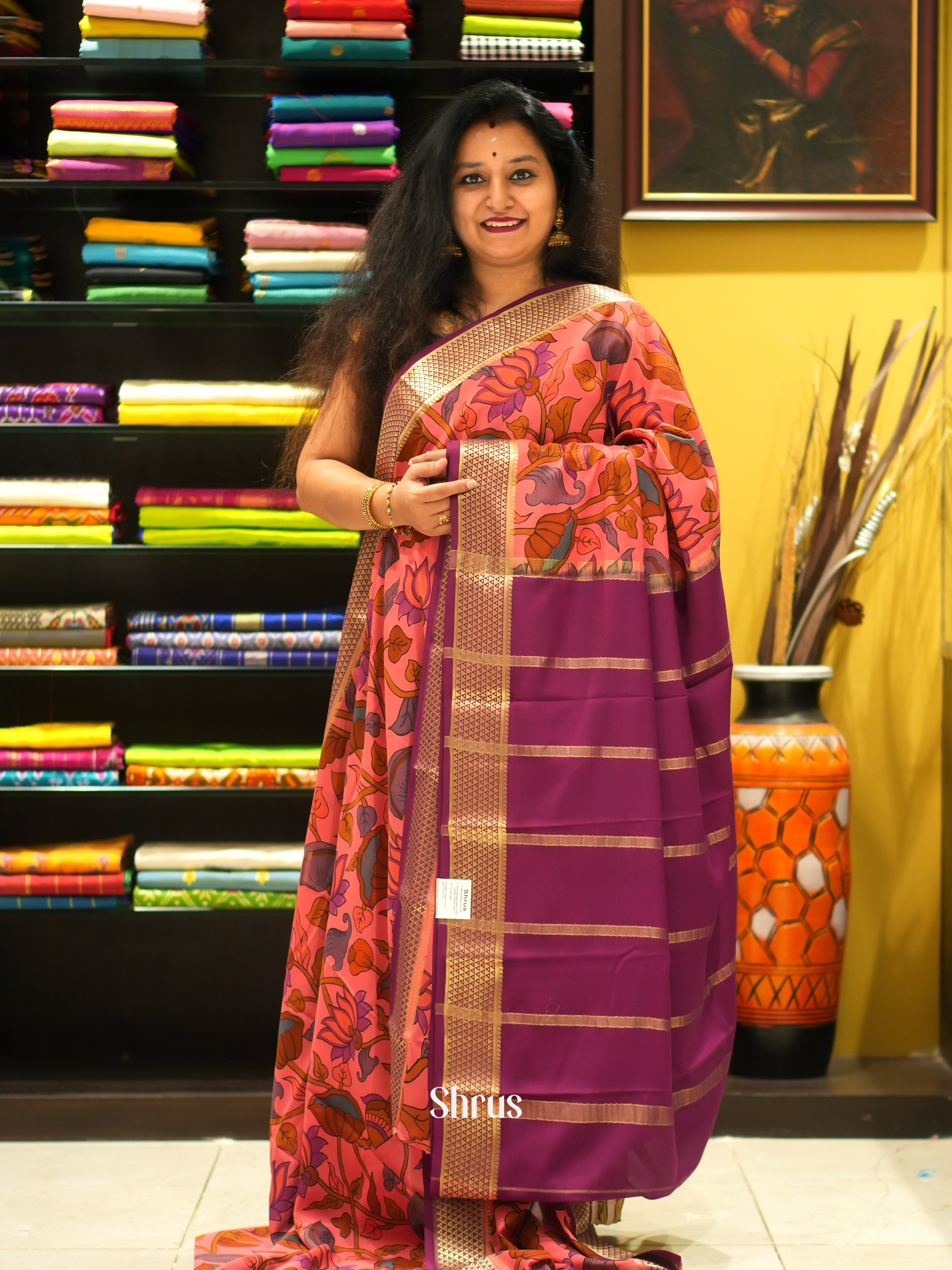 Orangish Pink & Purple -Mysore Silk - Shop on ShrusEternity.com