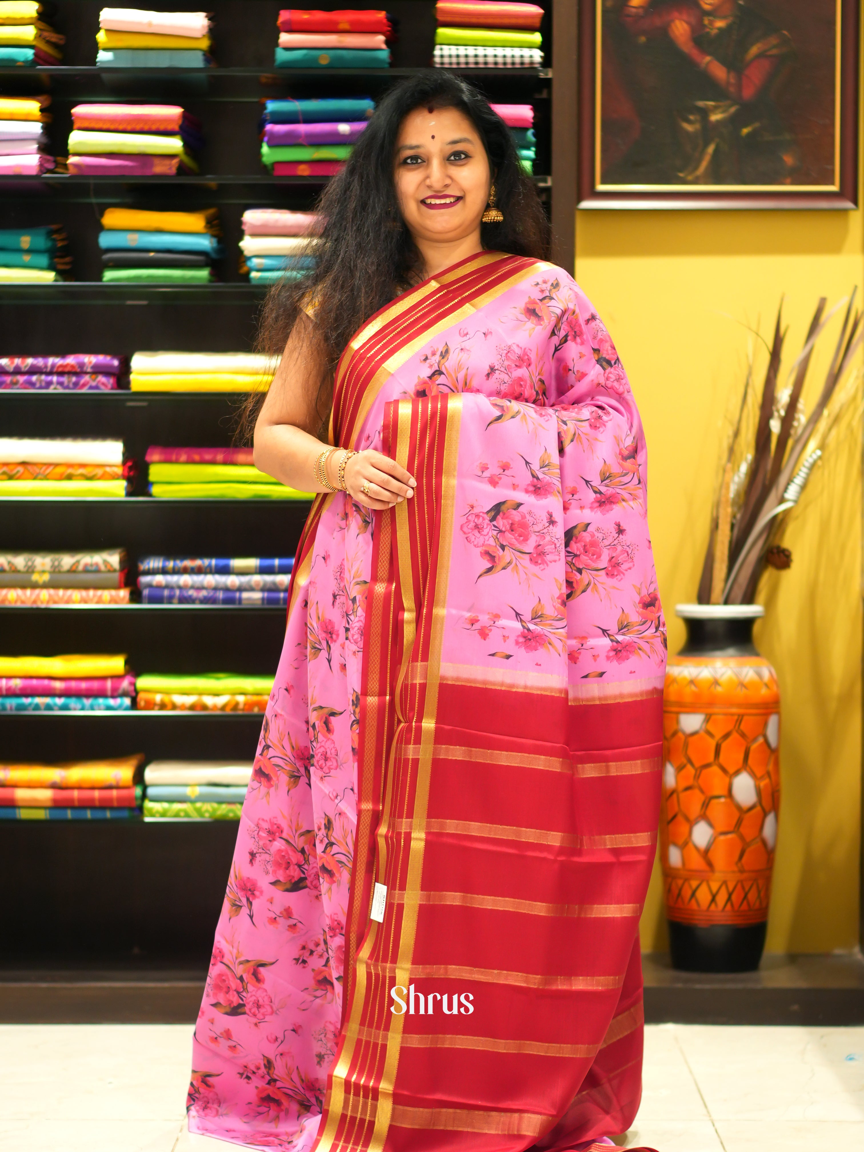 Pink & Red -Mysore Silk - Shop on ShrusEternity.com