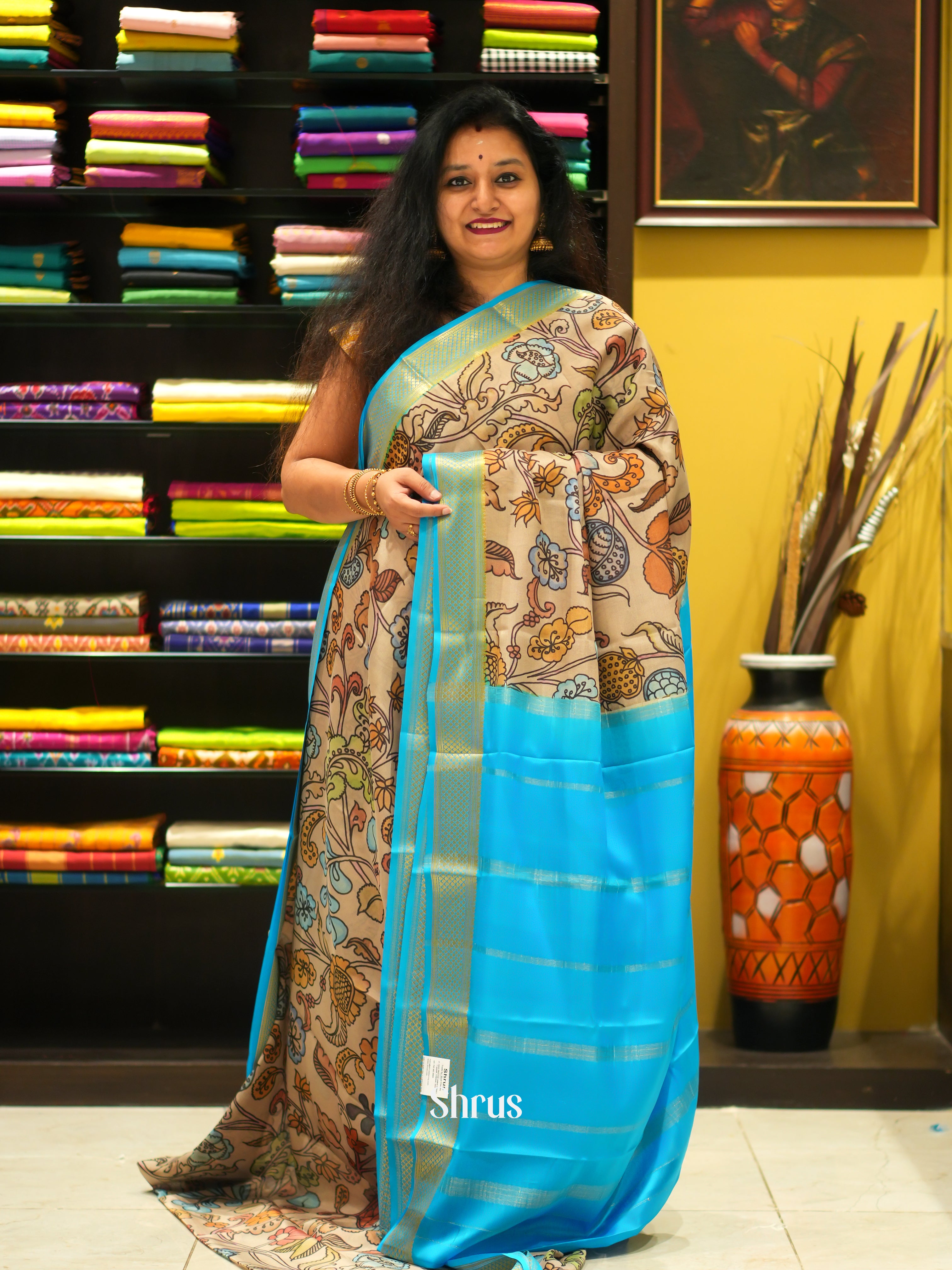 Dusty Brown & Blue -Mysore Silk - Shop on ShrusEternity.com