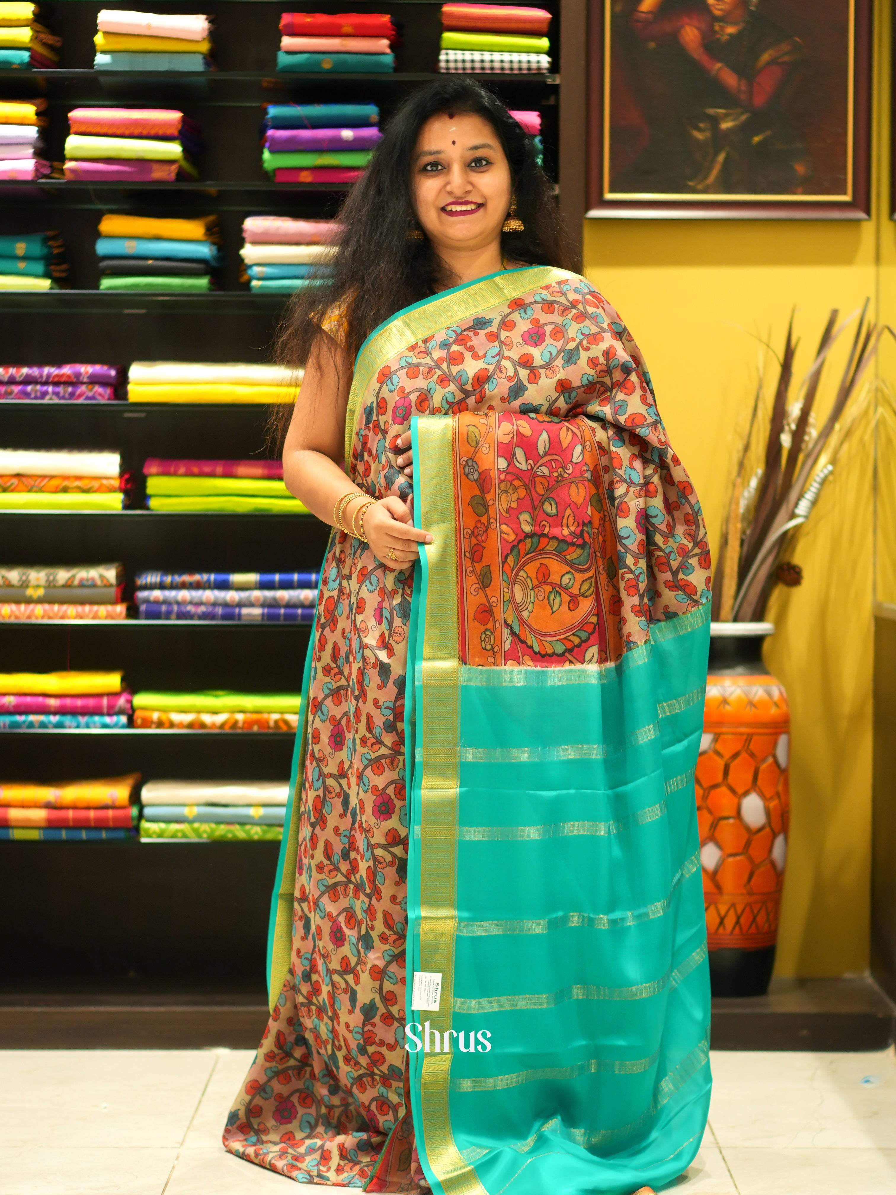 Brown & Teal -Mysore Silk - Shop on ShrusEternity.com