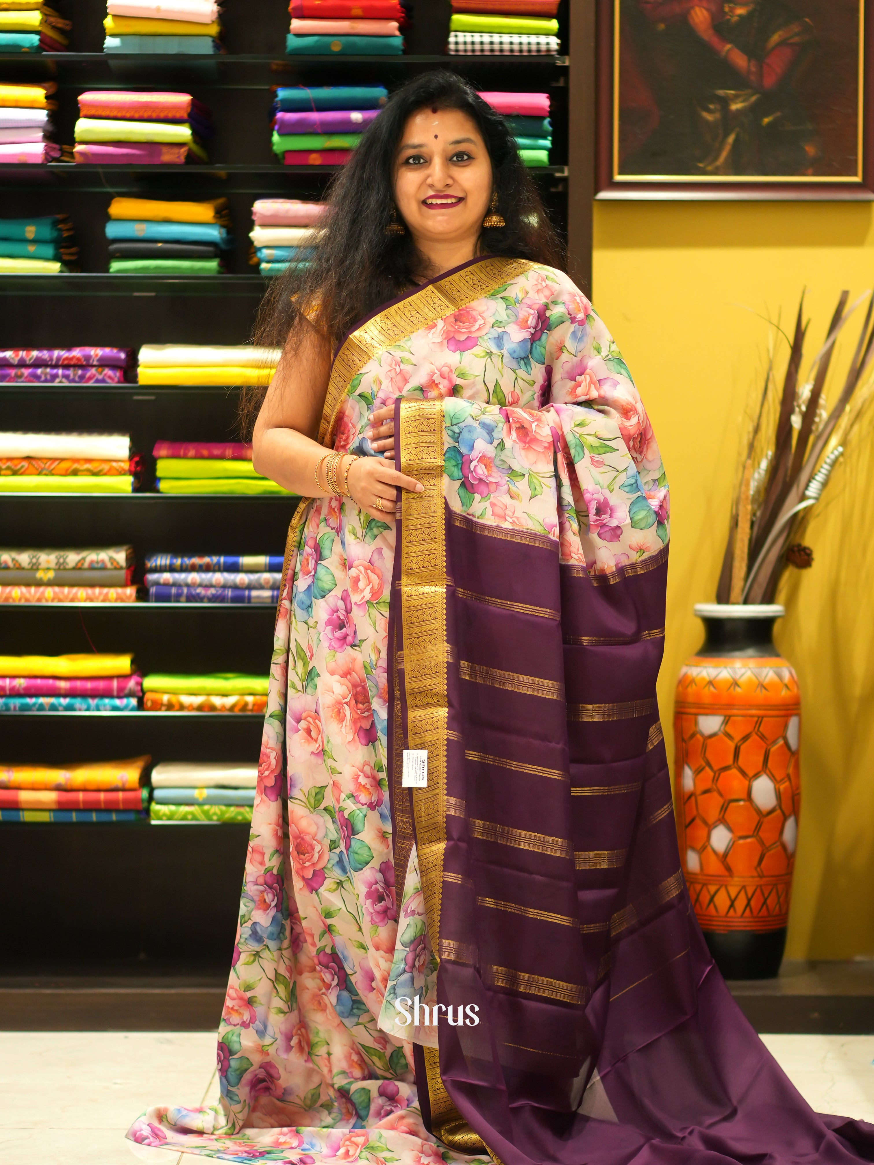 Cream & Purple -Mysore Silk - Shop on ShrusEternity.com