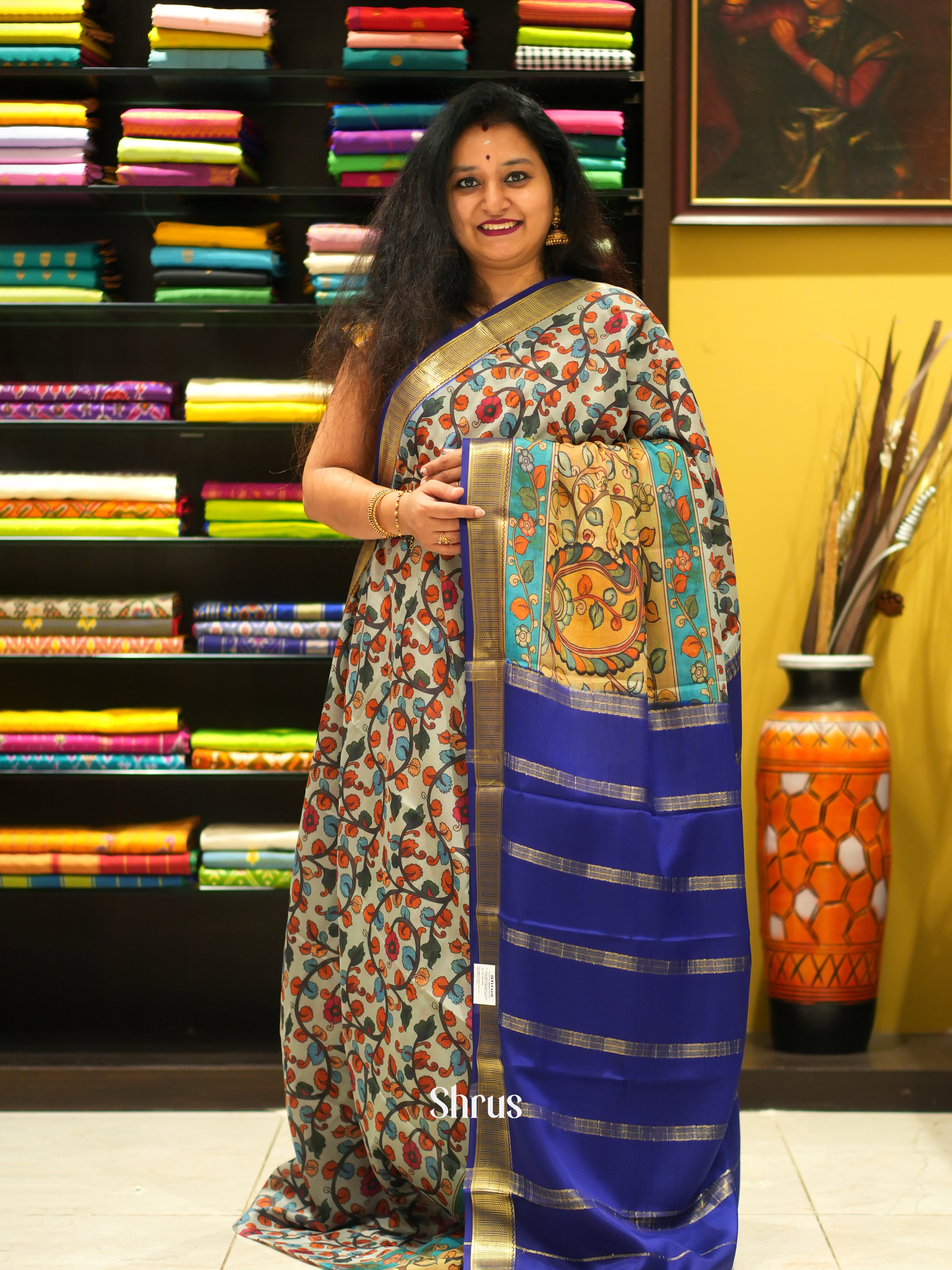 Grey & Blue - Mysore Silk - Shop on ShrusEternity.com