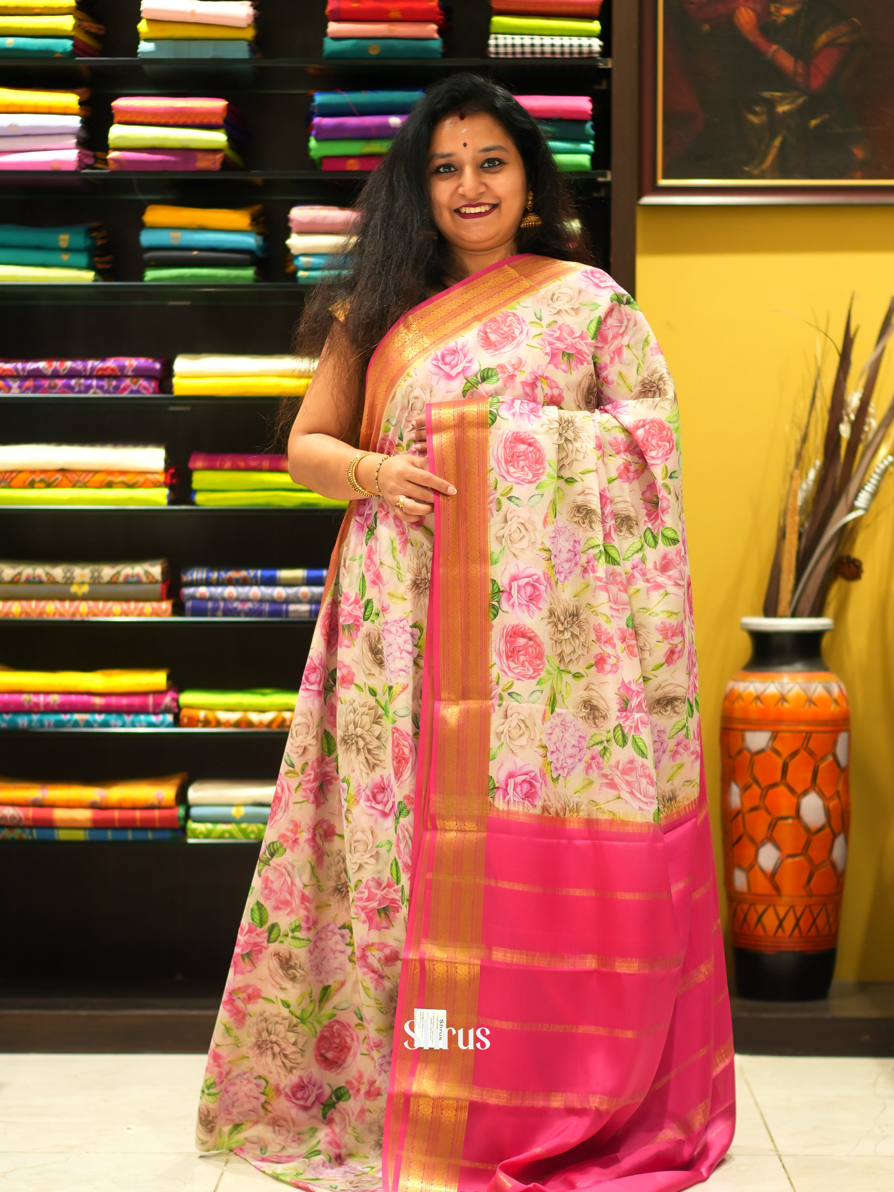 Cream & Pink -Mysore Silk - Shop on ShrusEternity.com