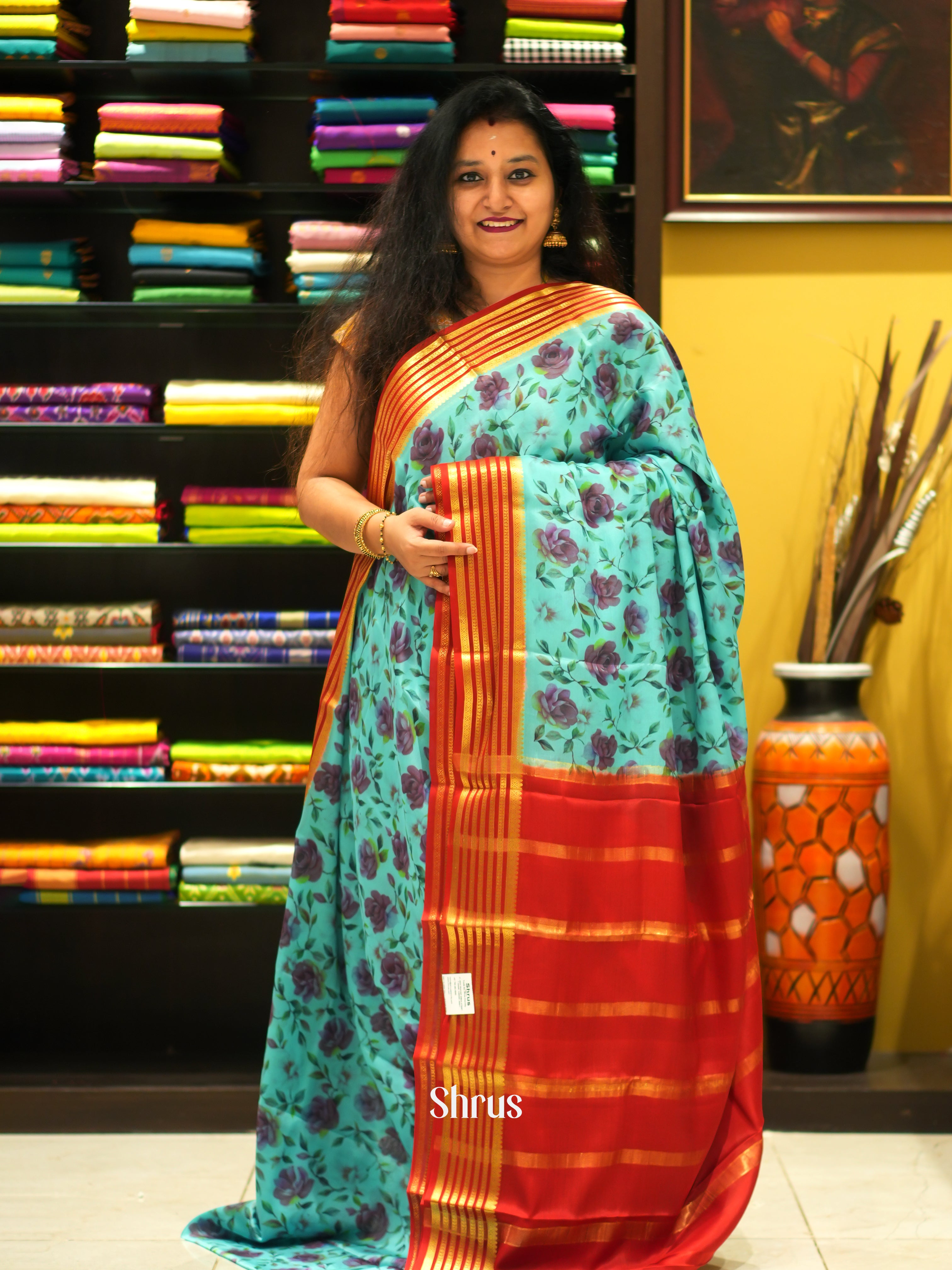 Blue & Red -Mysore Silk - Shop on ShrusEternity.com