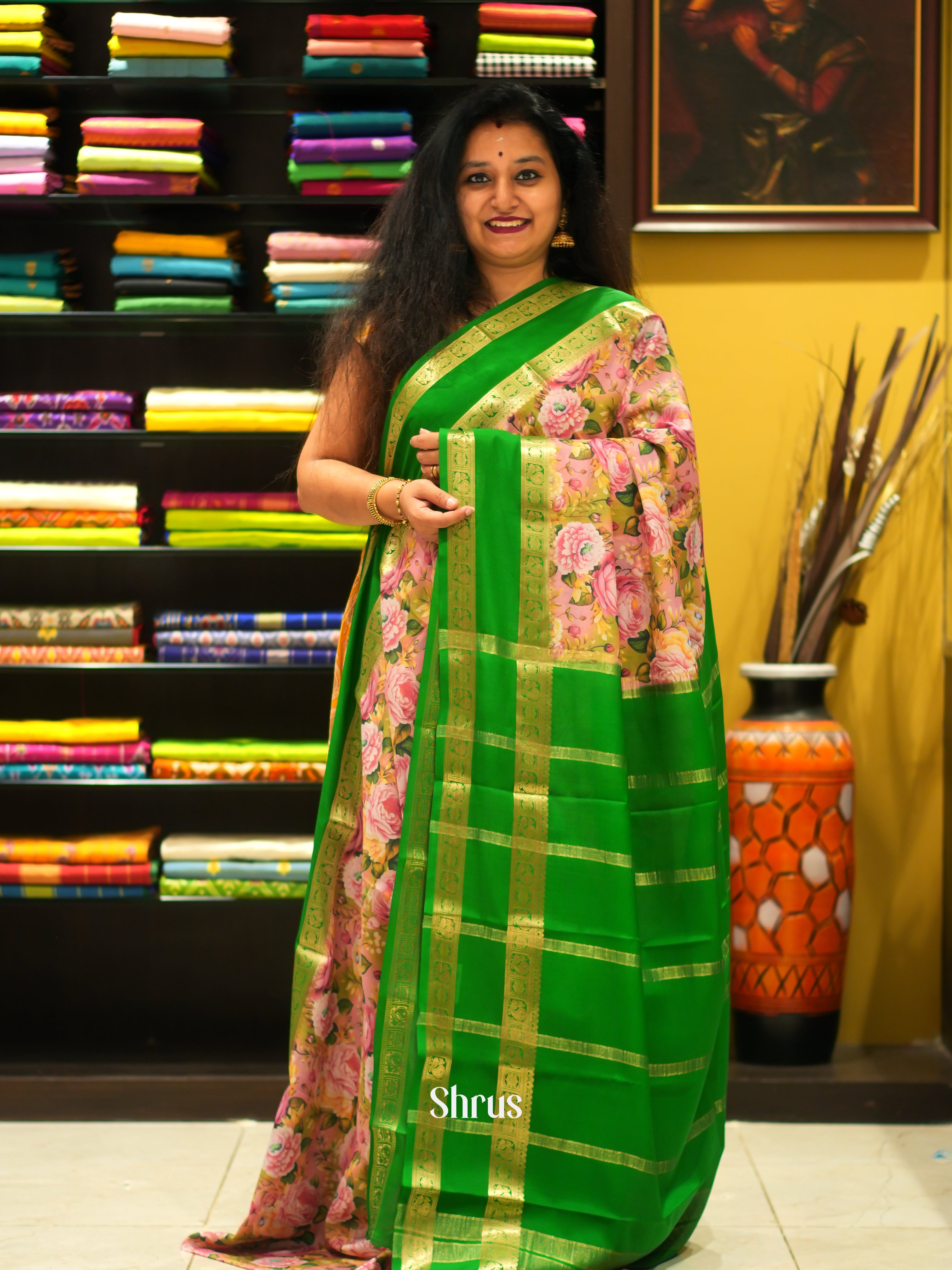 Pink & Green -Mysore Silk - Shop on ShrusEternity.com