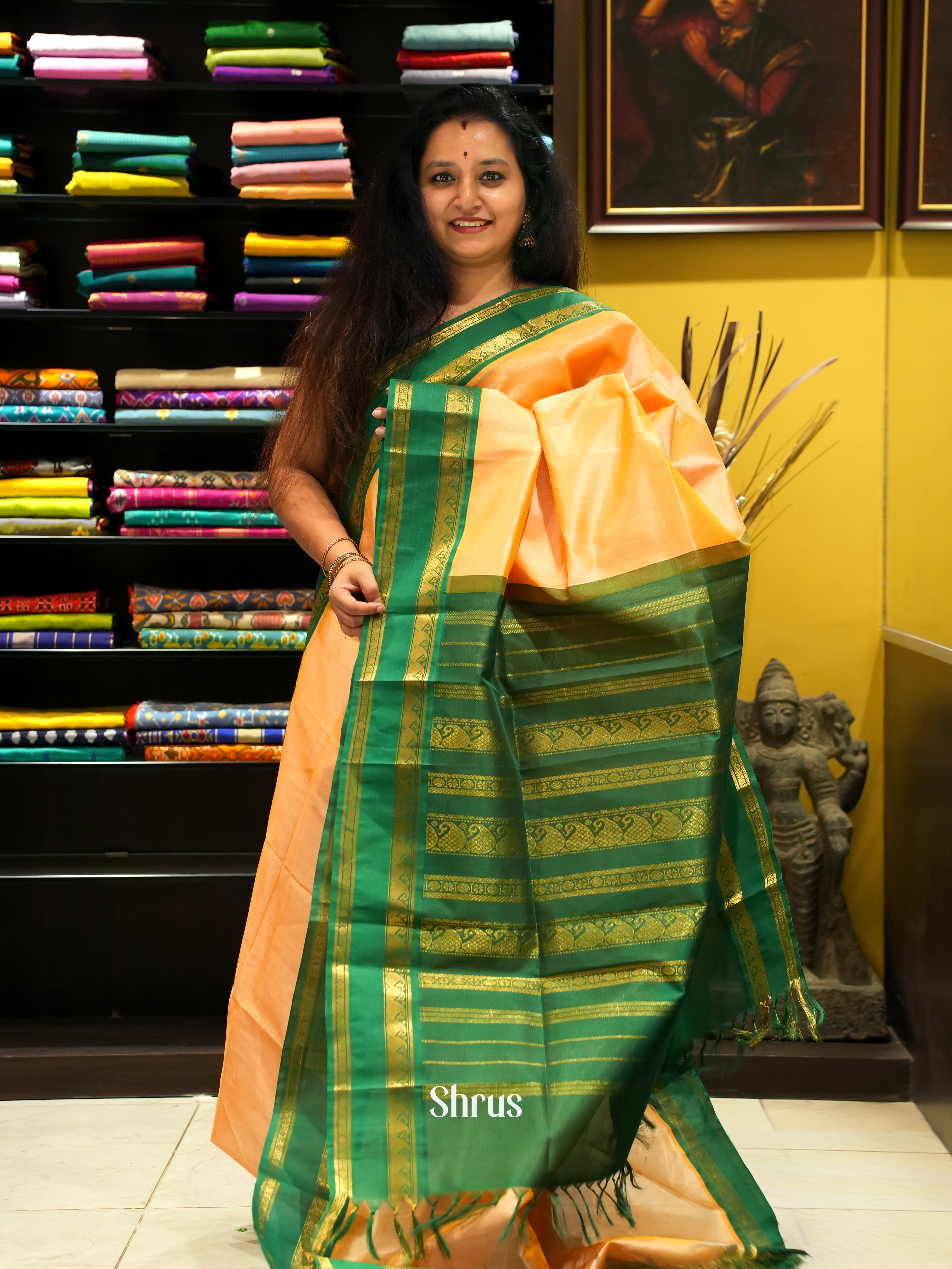 Peach & Green - Silk Cotton Saree - Shop on ShrusEternity.com