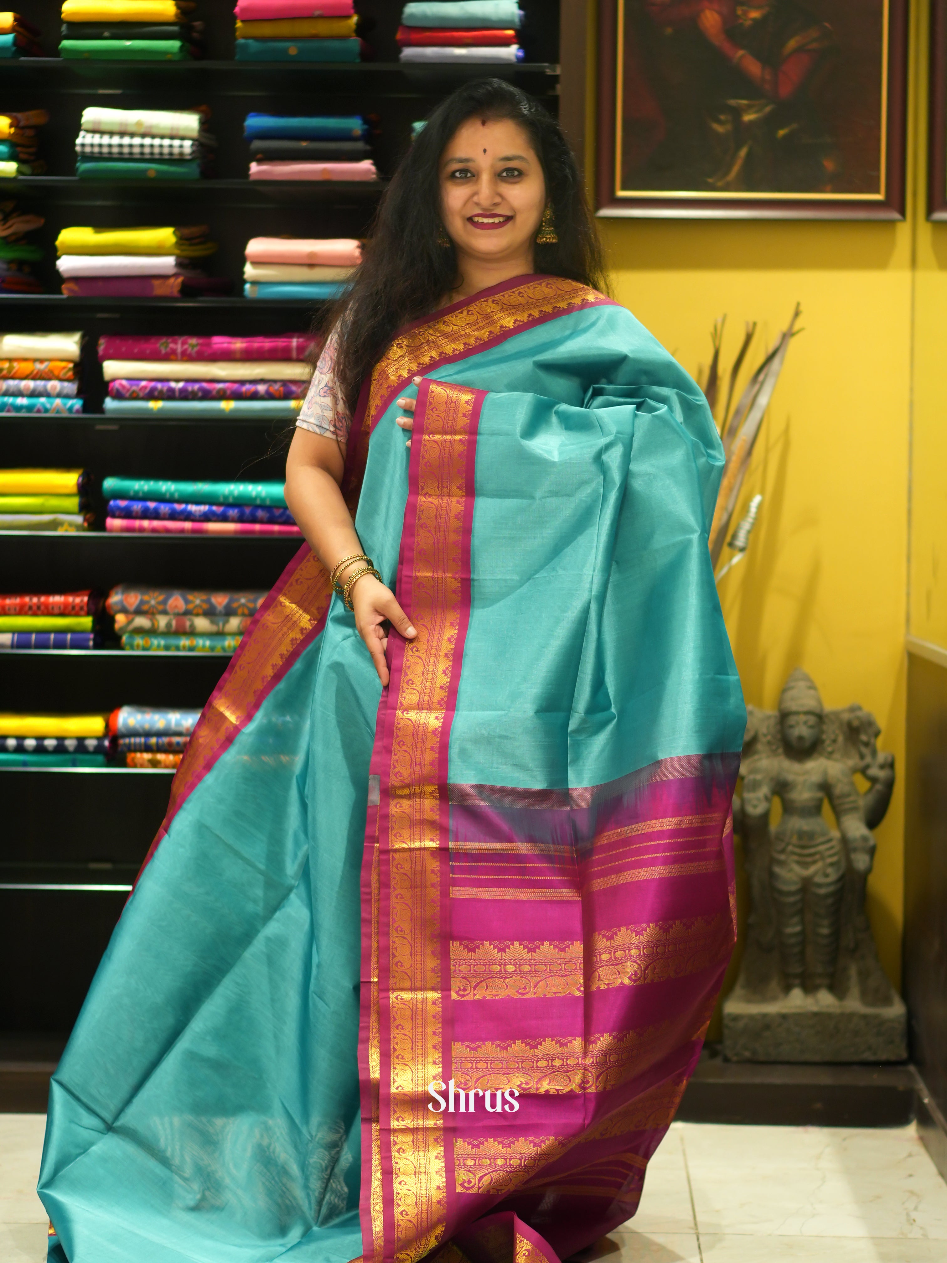 Blue & Majenta - Silk Cotton Saree - Shop on ShrusEternity.com