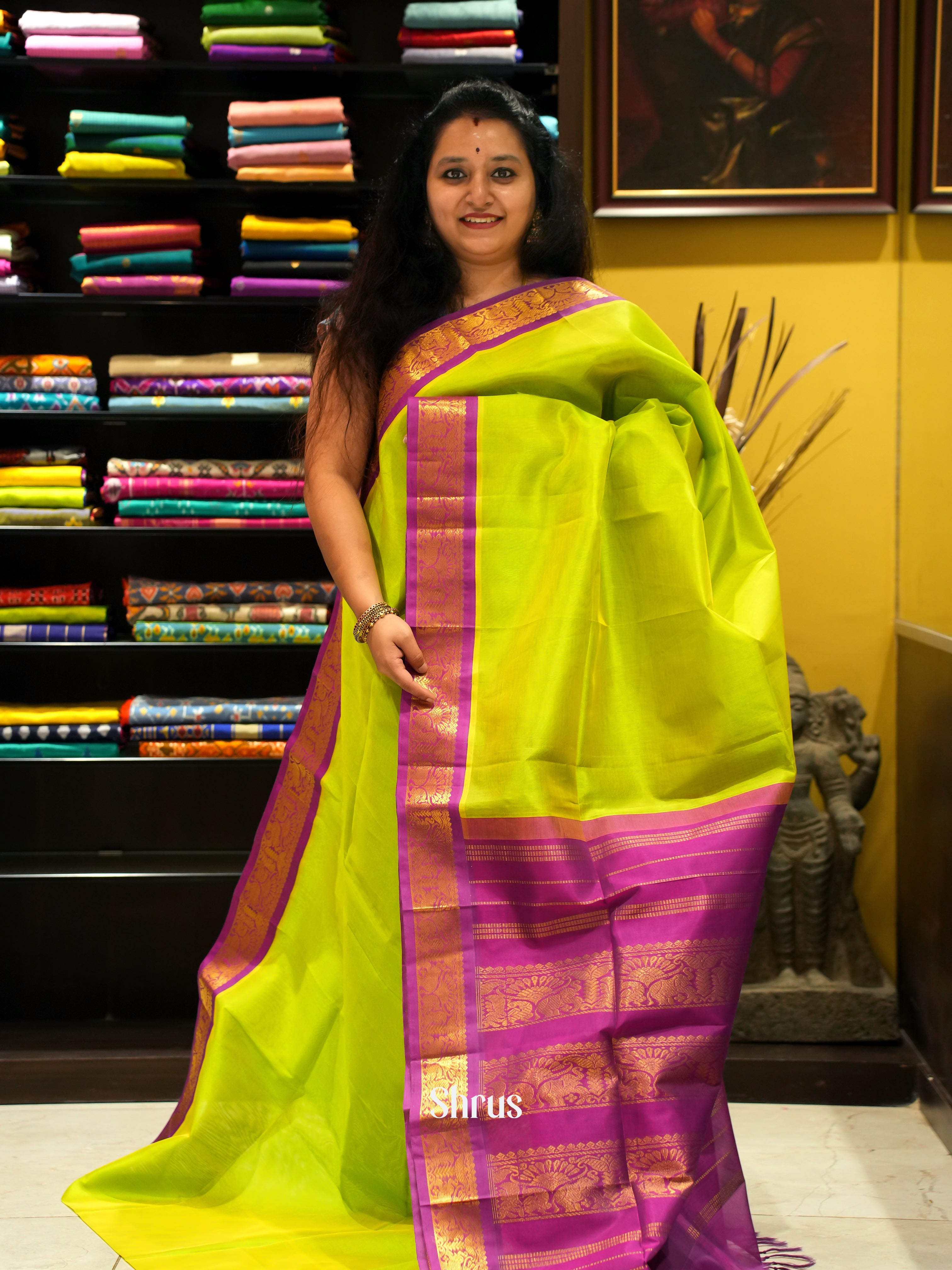 Green & Majenta - Silk Cotton Saree - Shop on ShrusEternity.com