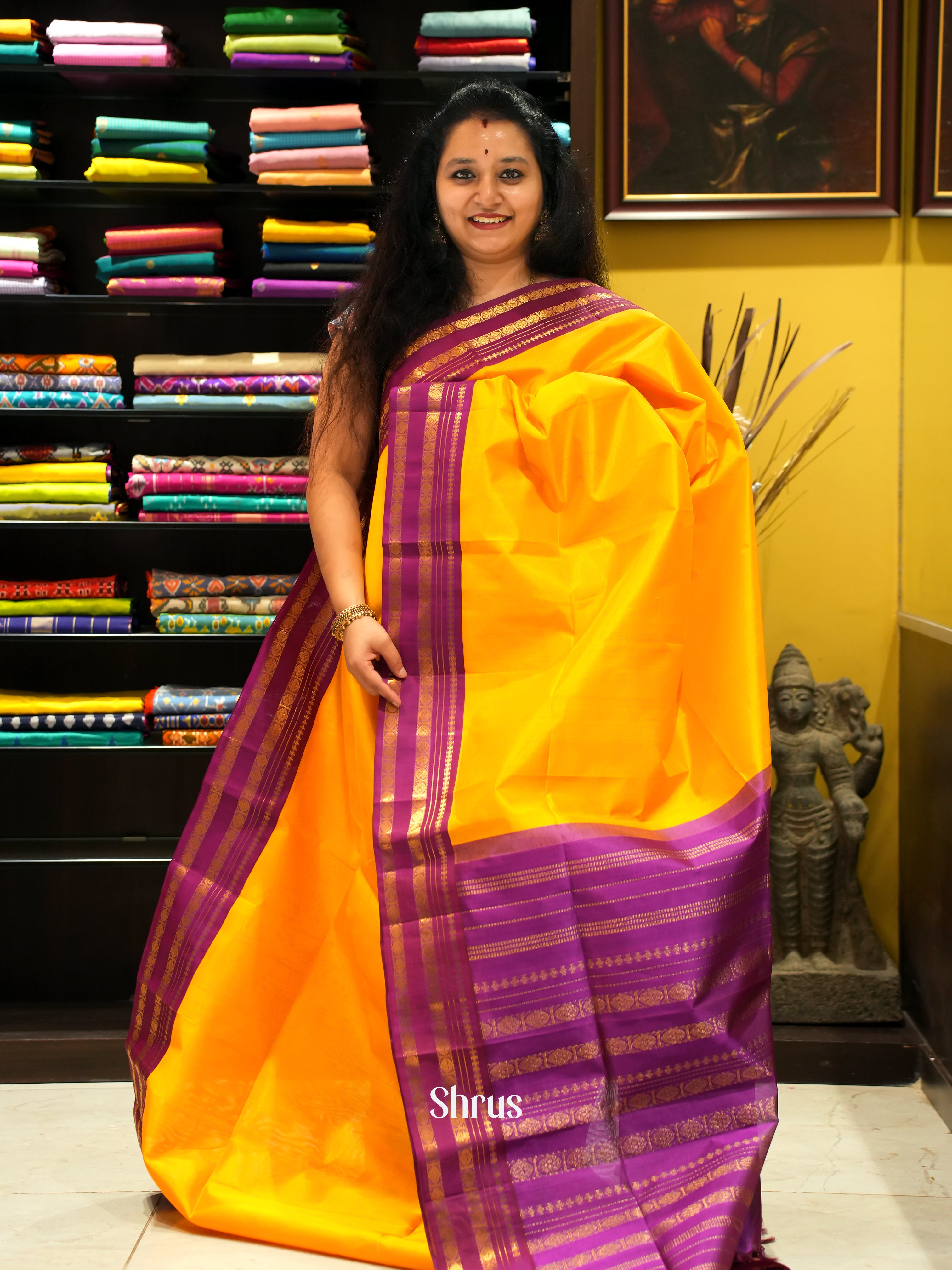 Yellow & Purple - Silk Cotton Saree - Shop on ShrusEternity.com