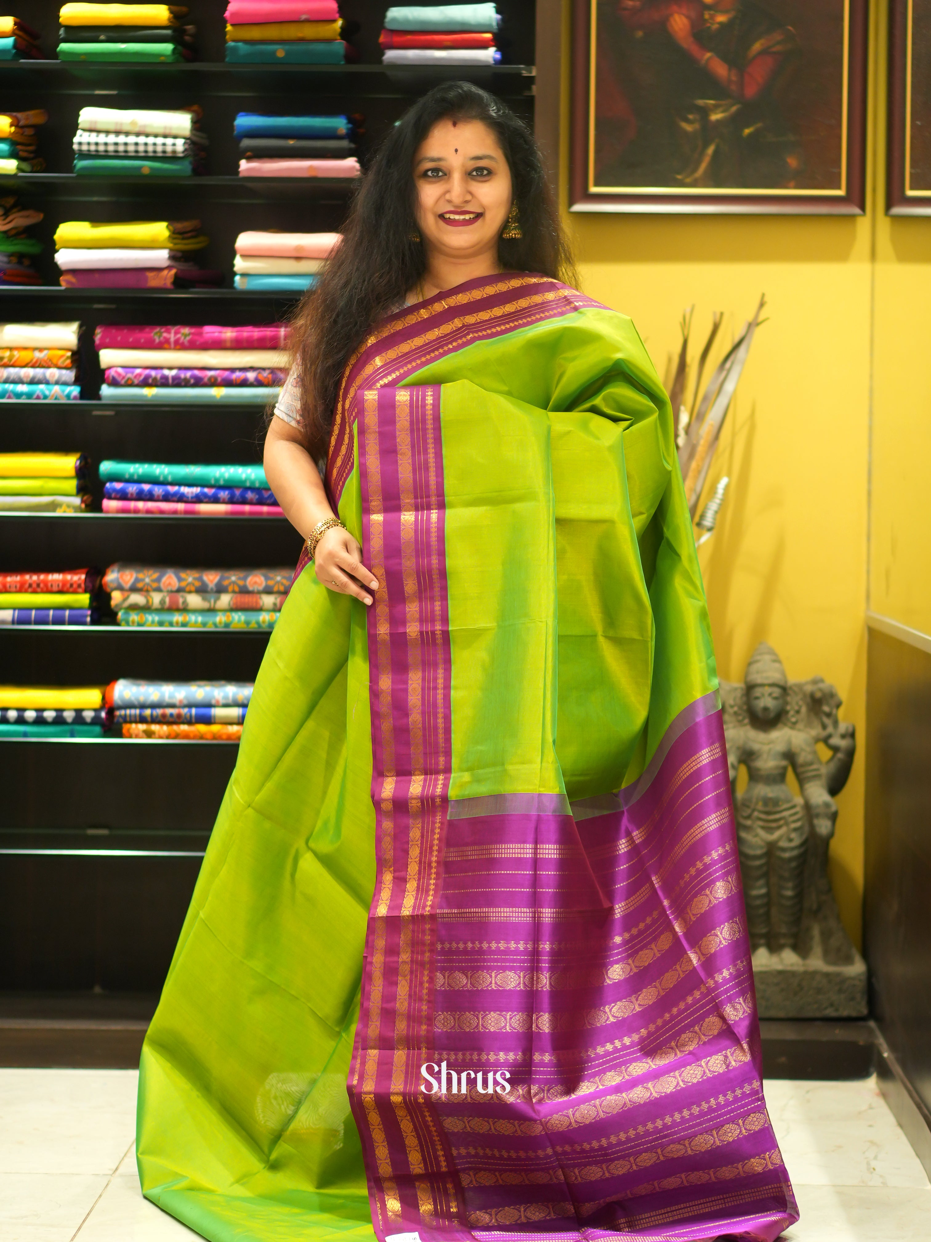 Light Green & Majenta - Silk Cotton Saree - Shop on ShrusEternity.com