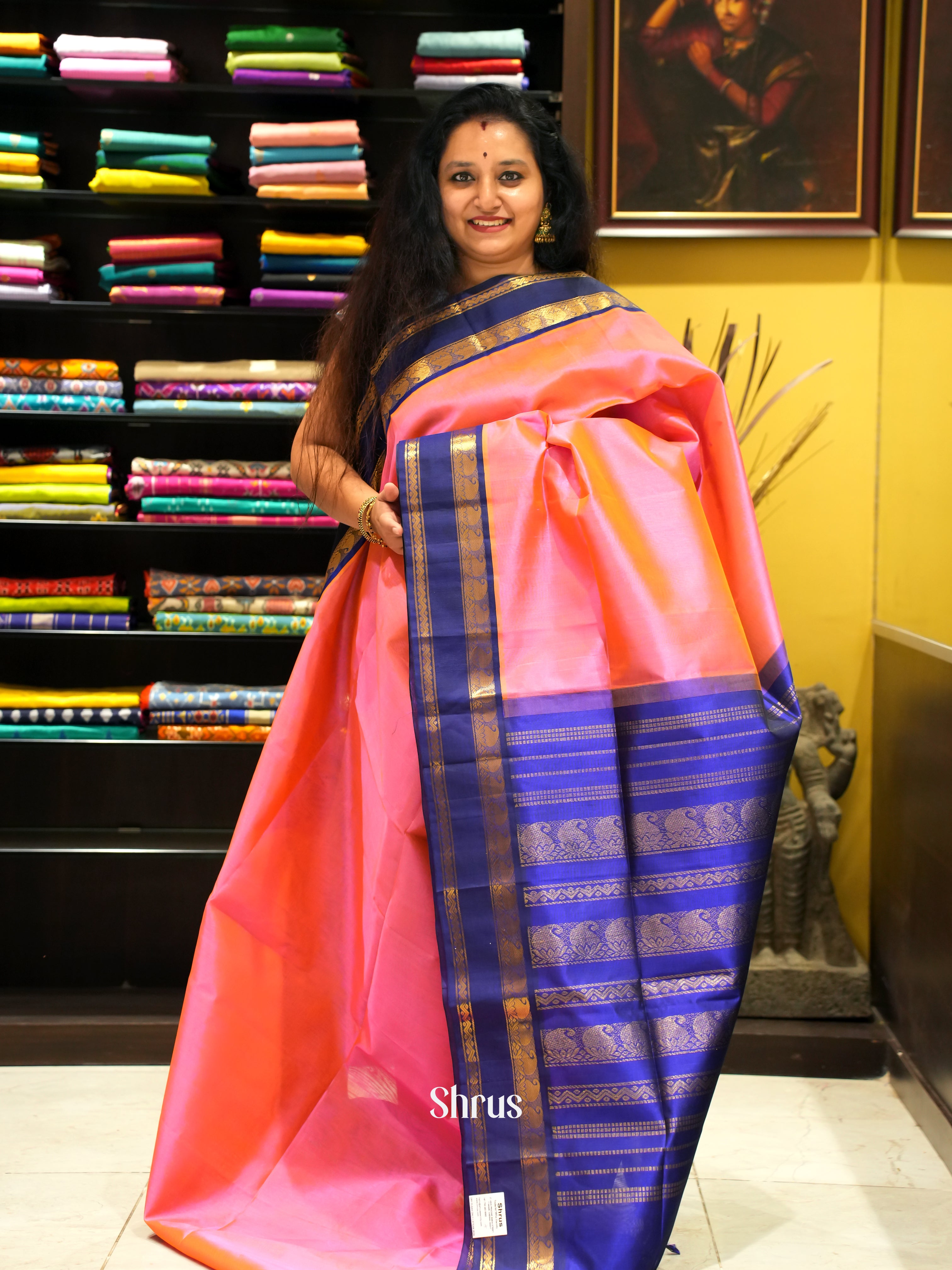Pink & Blue - Silk Cotton Saree - Shop on ShrusEternity.com